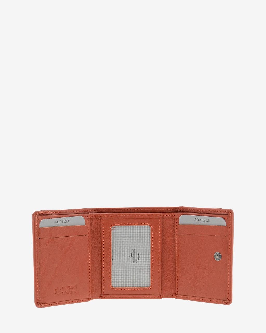Cartera de piel Napa, pequeña y compacta de color teja, vista interior mostrando compartimentos interiores y cierre de botón, referencia 8071-9