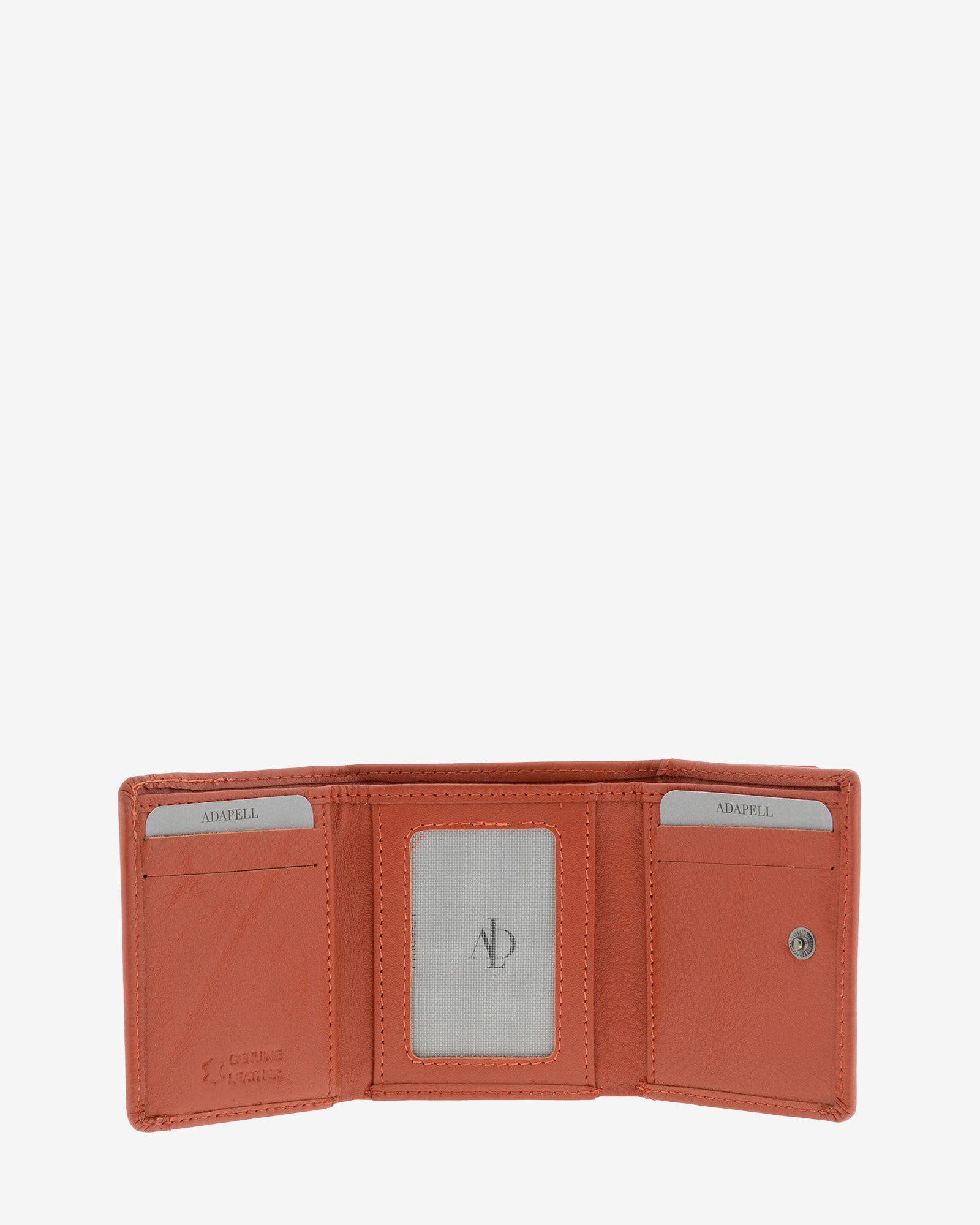 Cartera de piel Napa, pequeña y compacta de color teja, vista interior mostrando compartimentos interiores y cierre de botón, referencia 8071-9