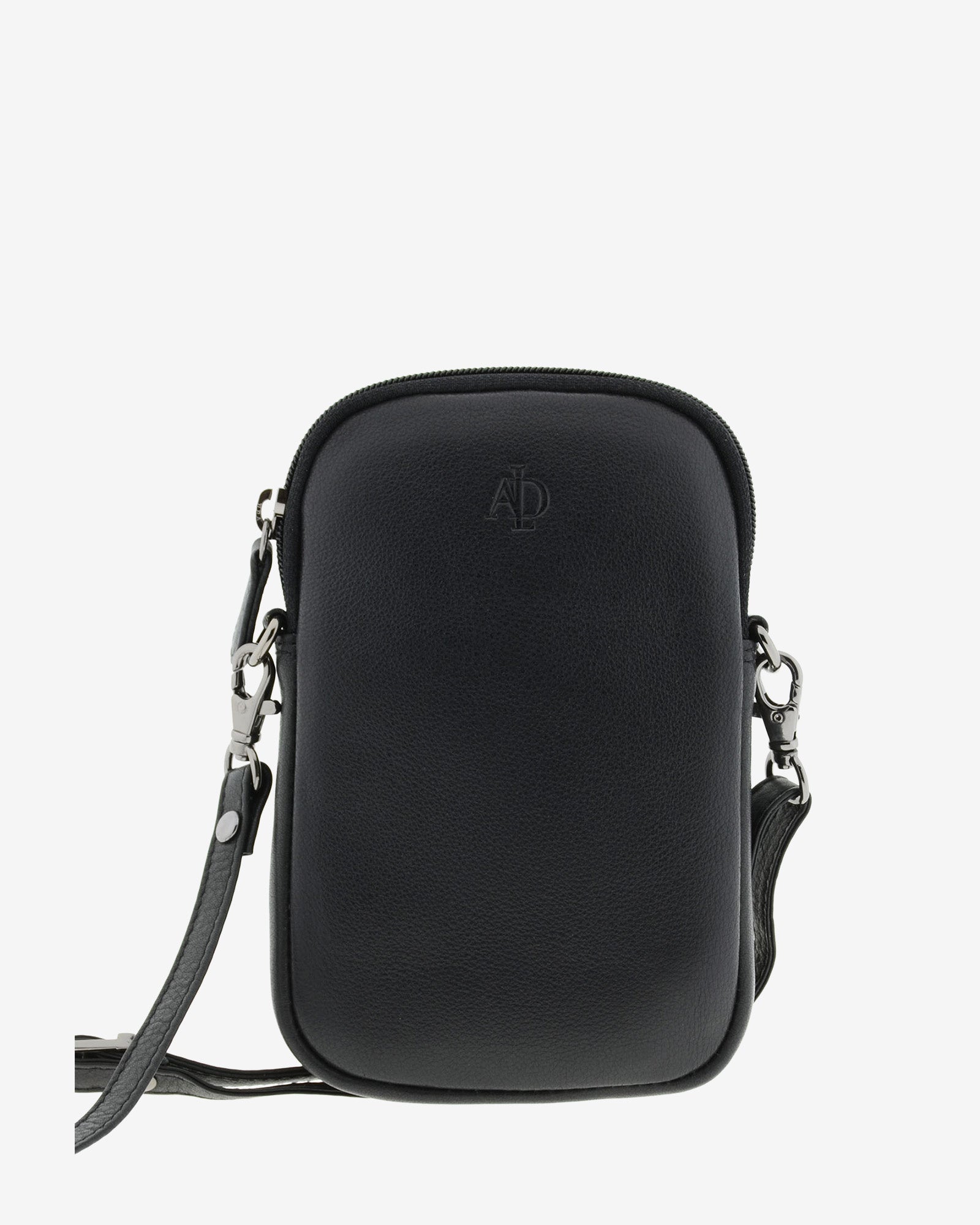 Bolso pequeño porta móvil de piel Napa en color negro, vista frontal mostrando diseño, cremallera principal y bandolera, referencia 8073-1