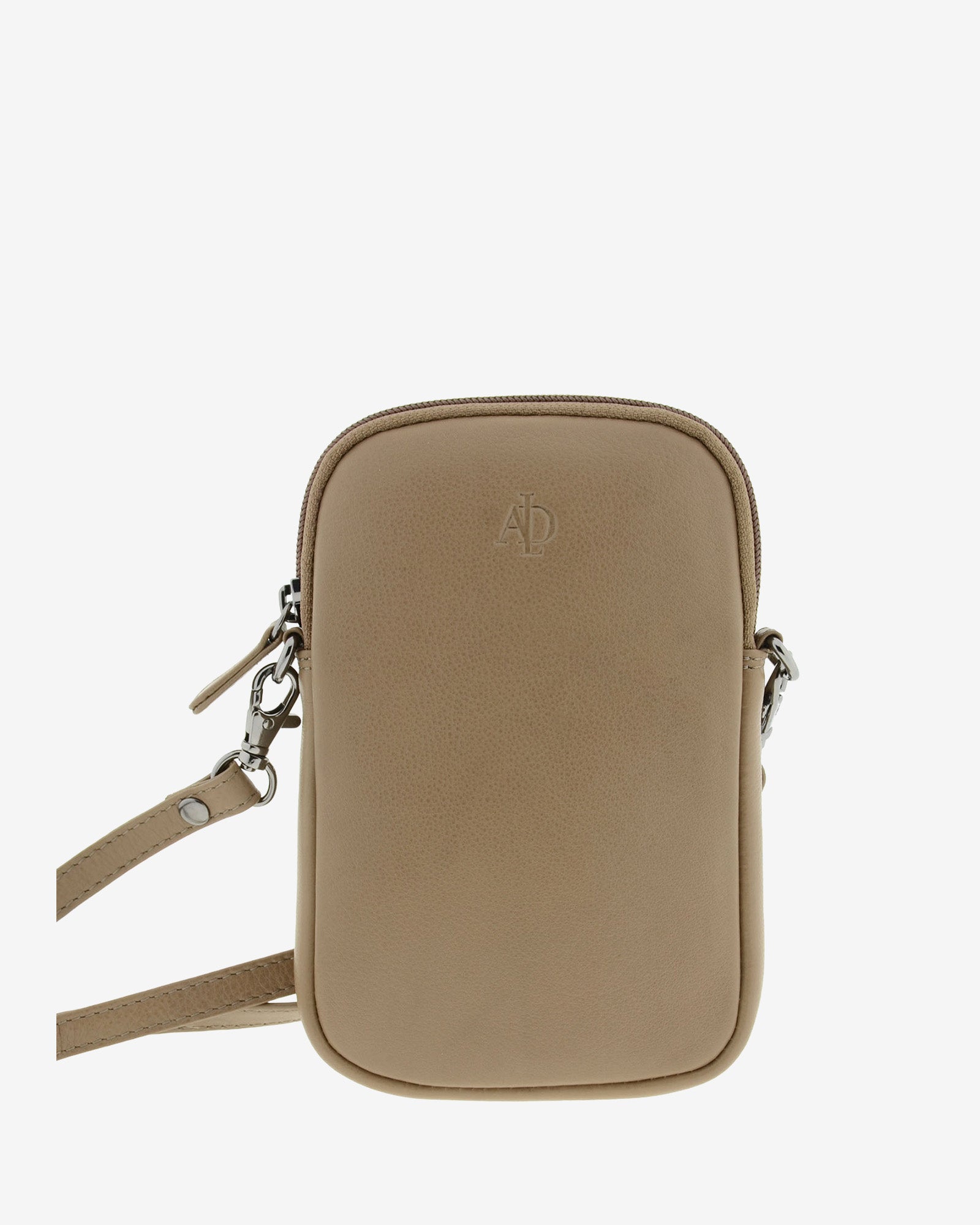 Bolso pequeño porta móvil de piel Napa en color topo, vista frontal mostrando diseño, cremallera principal y bandolera, referencia 8073-12