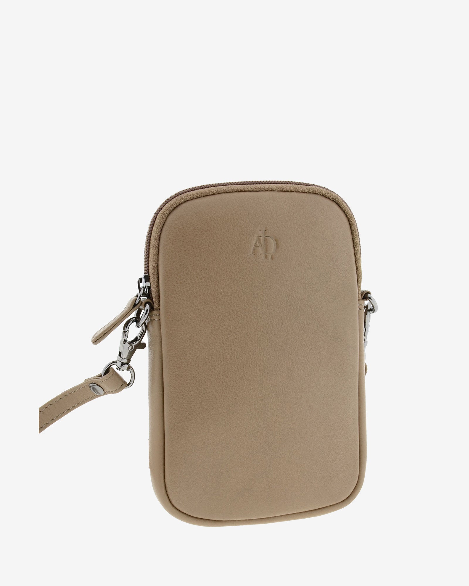 Bolso pequeño porta móvil de piel Napa en color topo, vista frontal y un poco lateral exterior mostrando su volumen, diseño, cremallera principal y bandolera, referencia 8073-12