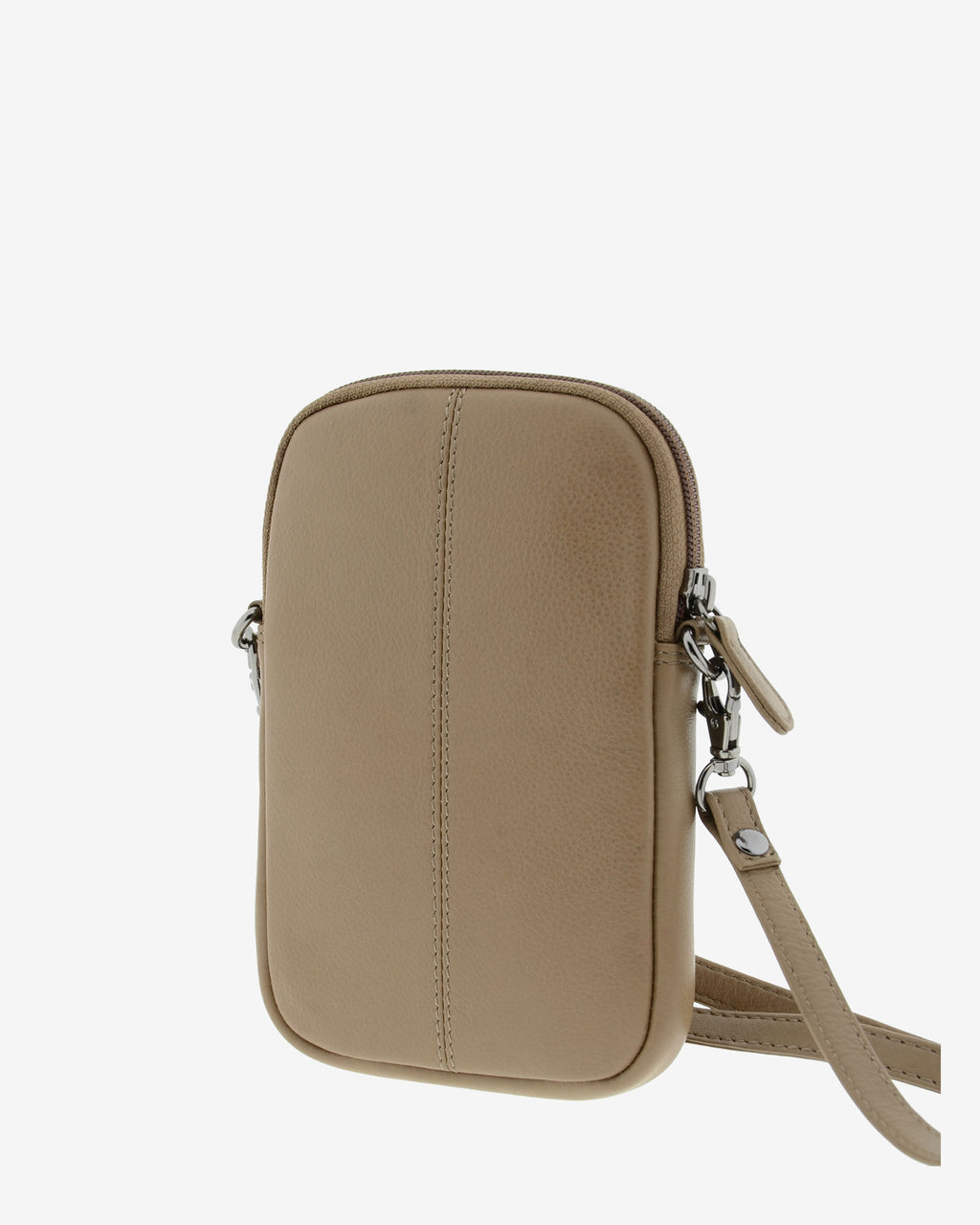 Bolso pequeño porta móvil de piel Napa en color topo, vista trasera, referencia 8073-12