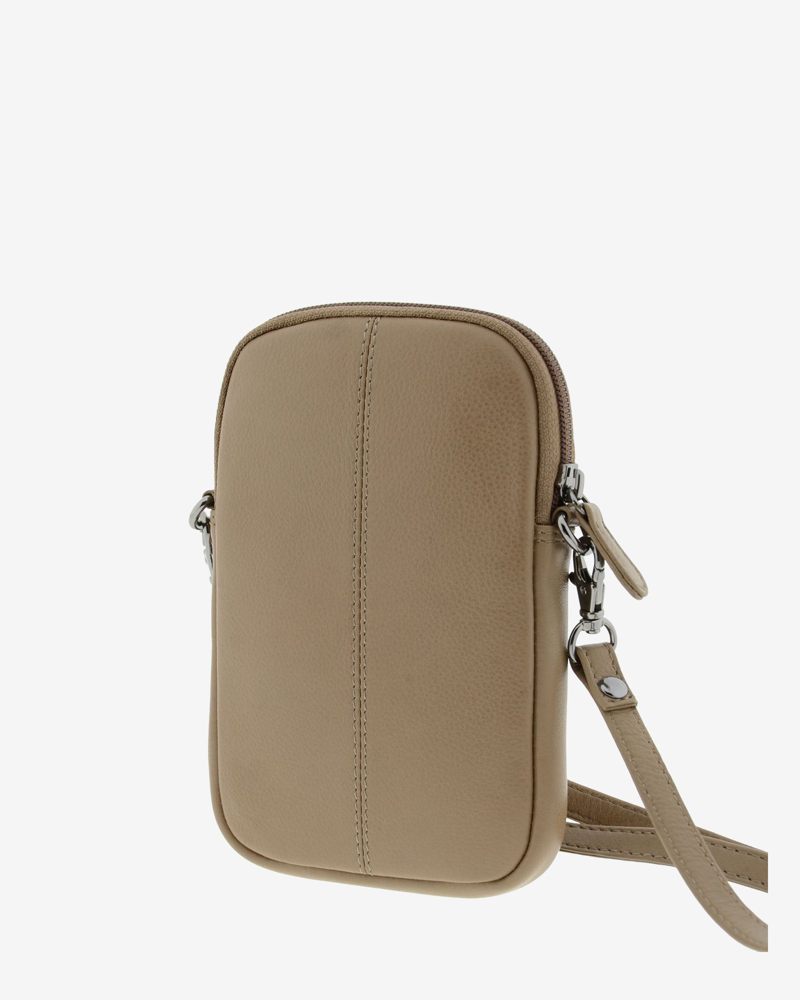 Bolso pequeño porta móvil de piel Napa en color topo, vista trasera, referencia 8073-12