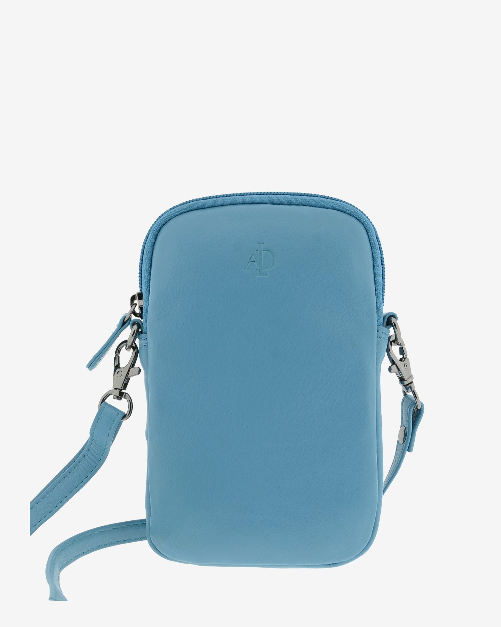Bolso pequeño porta móvil de piel Napa en color azul vista frontal mostrando diseño, cremallera principal y bandolera, referencia 8073-14