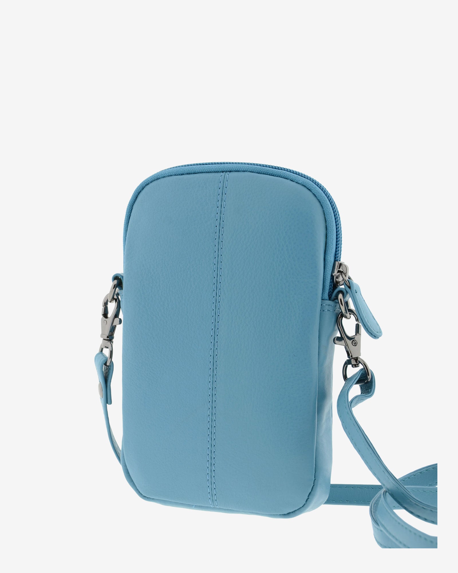 Bolso pequeño porta móvil de piel Napa en color azul, vista trasera, referencia 8073-14