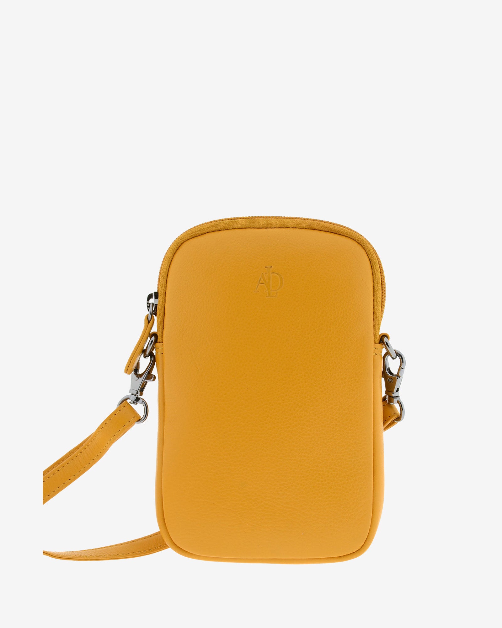 Bolso pequeño porta móvil de piel Napa en color mostaza, vista frontal mostrando diseño, cremallera principal y bandolera, referencia 8073-15