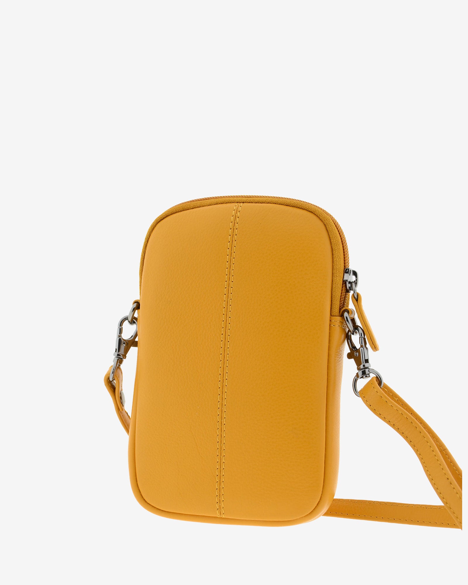 Bolso pequeño porta móvil de piel Napa en color mostaza, vista trasera, referencia 8073-15