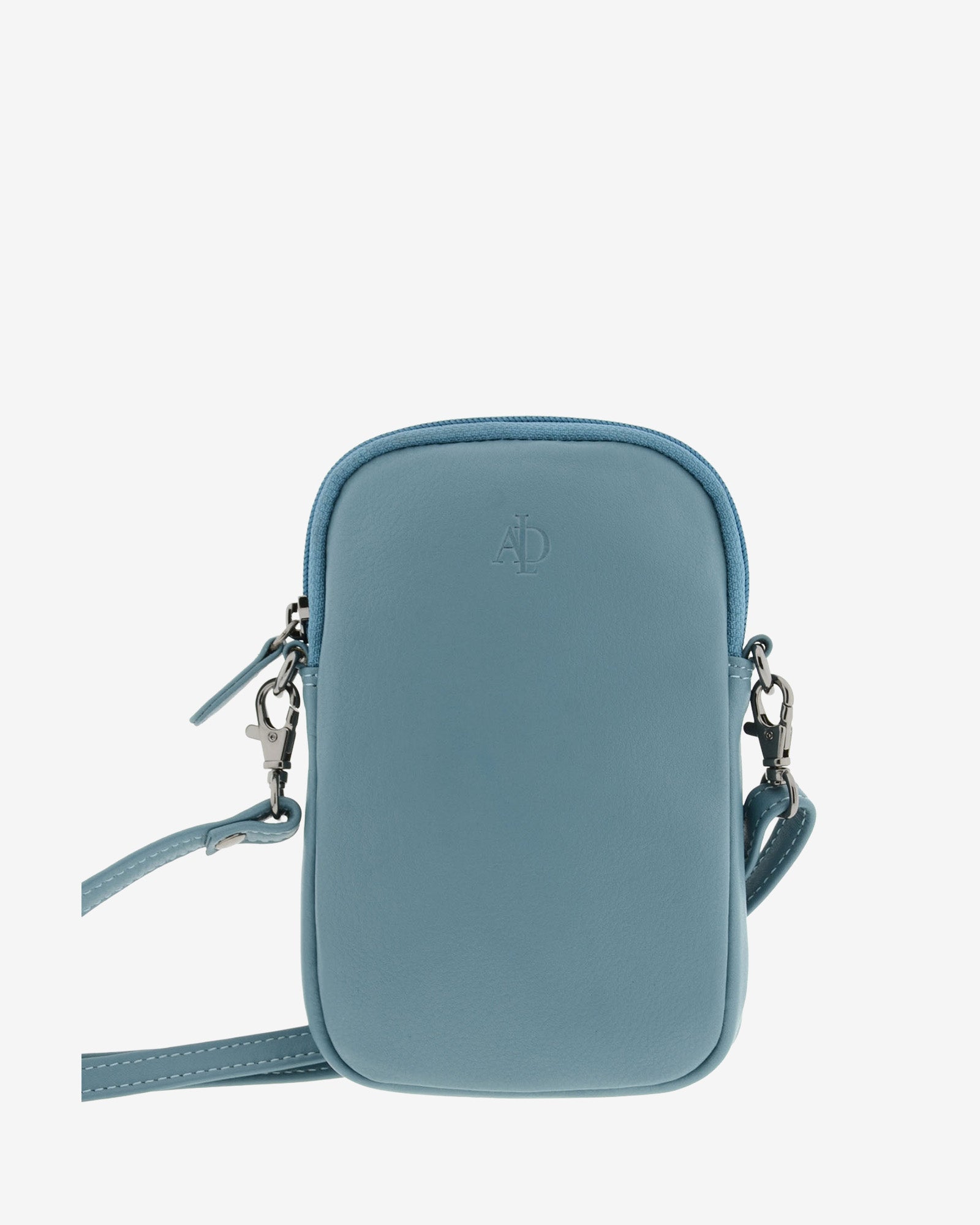 Bolso pequeño porta móvil de piel Napa en color mar, vista frontal mostrando diseño, cremallera principal y bandolera, referencia 8073-16