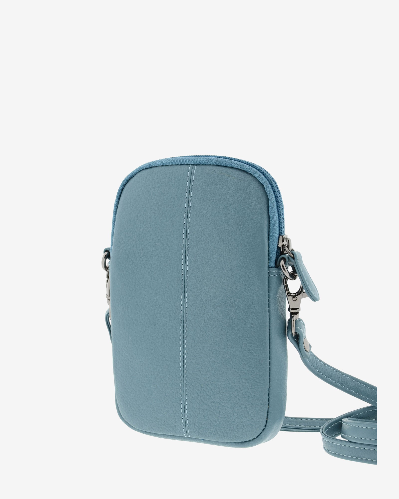Bolso pequeño porta móvil de piel Napa en color mar, vista trasera, referencia 8073-16