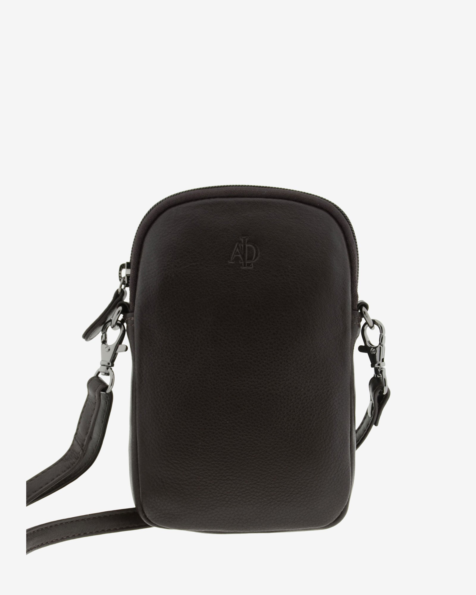 Bolso pequeño porta móvil de piel Napa en color marrón, vista frontal mostrando diseño, cremallera principal y bandolera, referencia 8073-2