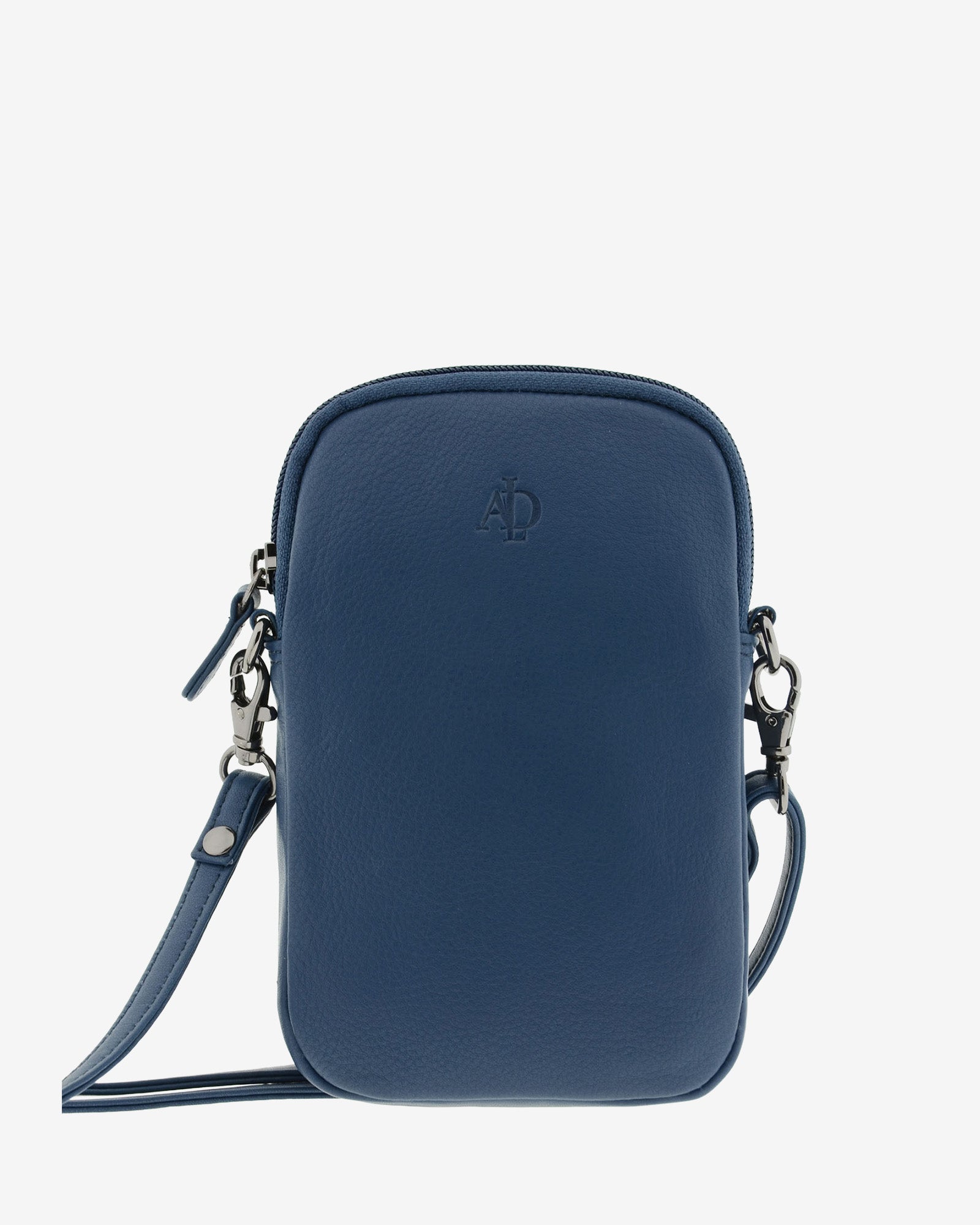 Bolso pequeño porta móvil de piel Napa en color azul marino, vista frontal mostrando diseño, cremallera principal y bandolera, referencia 8073-20