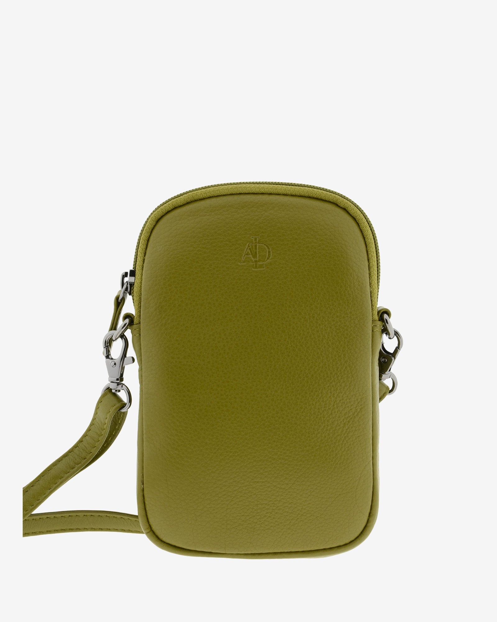 Bolso pequeño porta móvil de piel Napa en color oliva, vista frontal mostrando diseño, cremallera principal y bandolera, referencia 8073-21