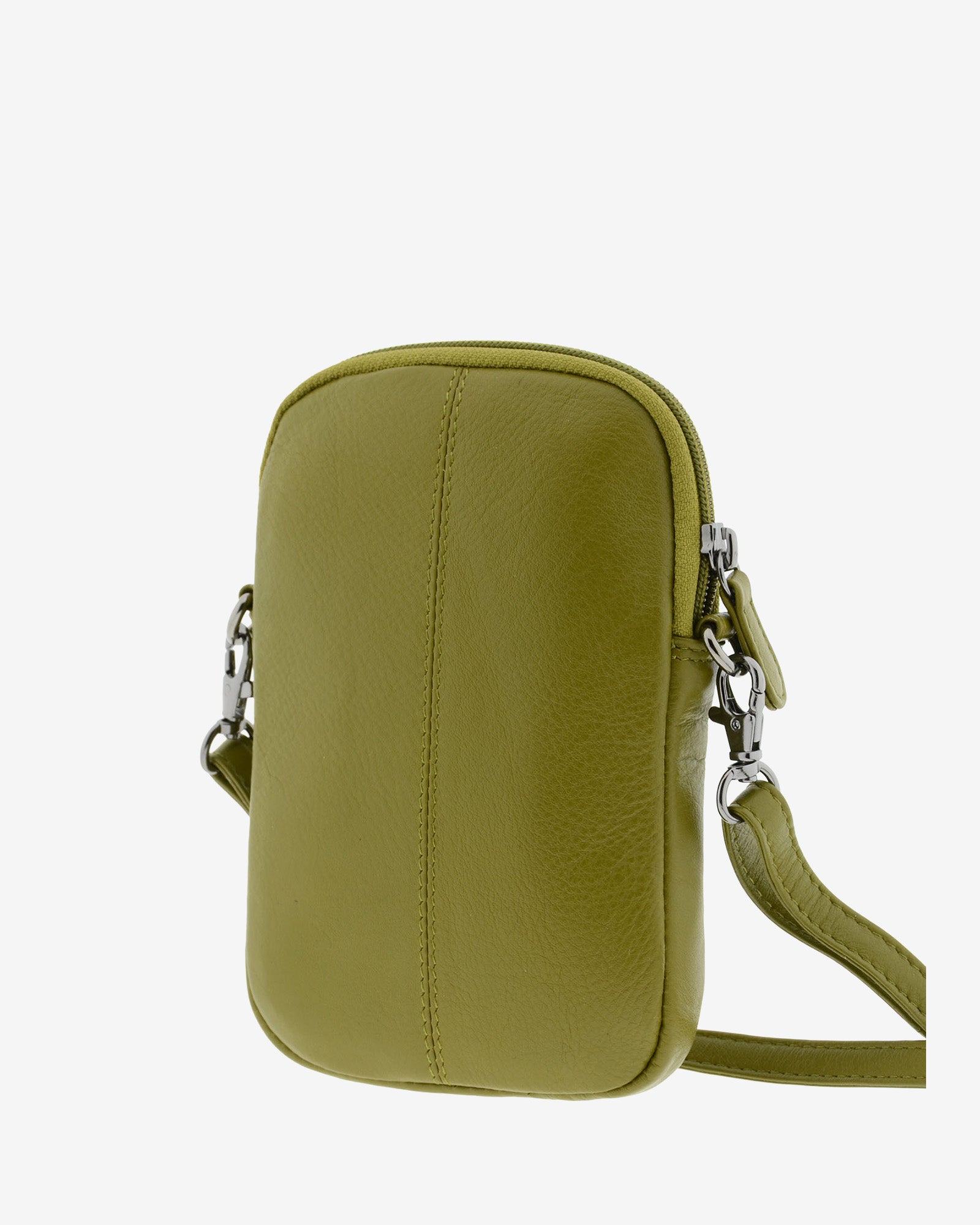 Bolso pequeño porta móvil de piel Napa en color oliva, vista trasera, referencia 8073-21
