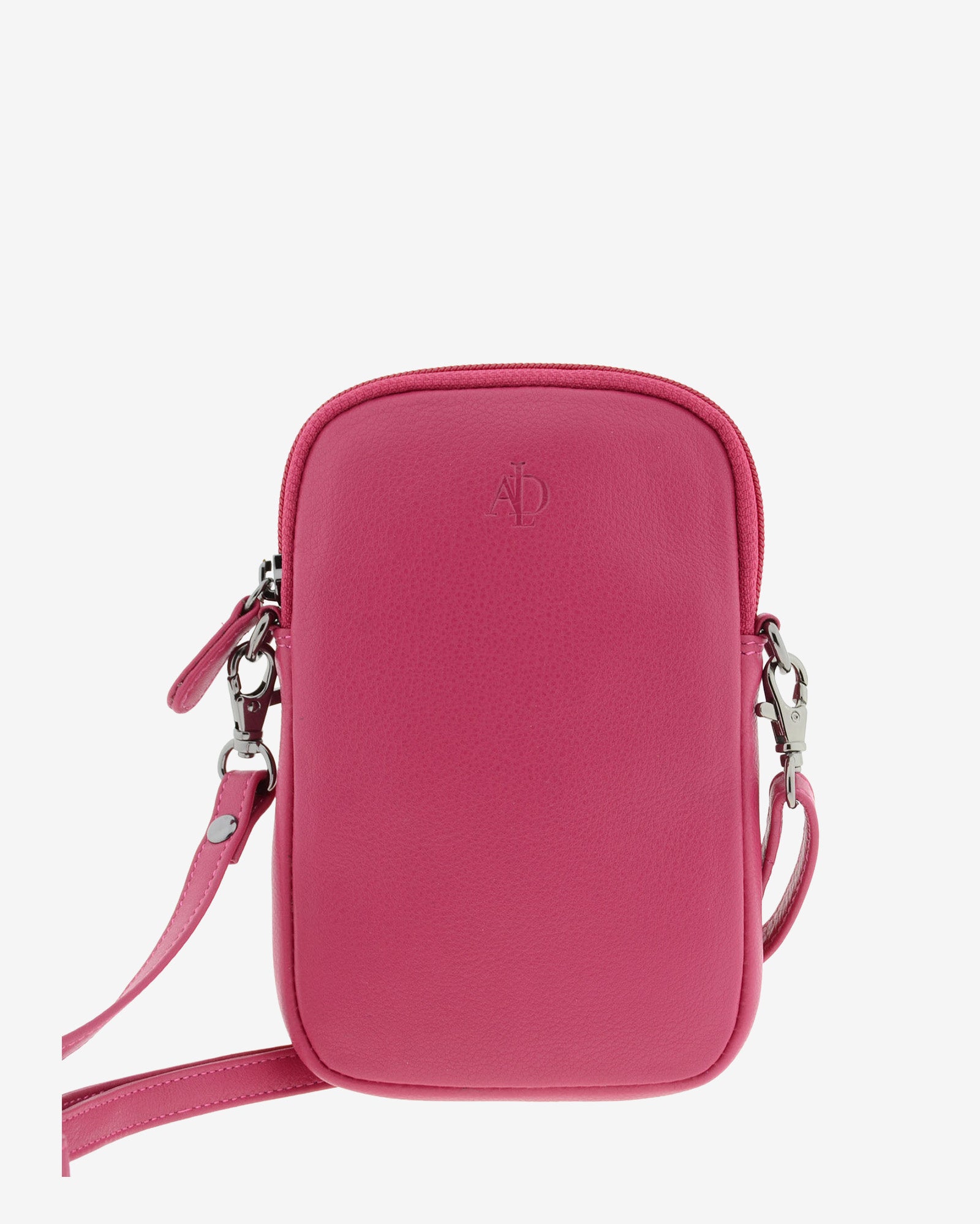 Bolso pequeño porta móvil de piel Napa en color magenta, vista frontal mostrando diseño, cremallera principal y bandolera, referencia 8073-25