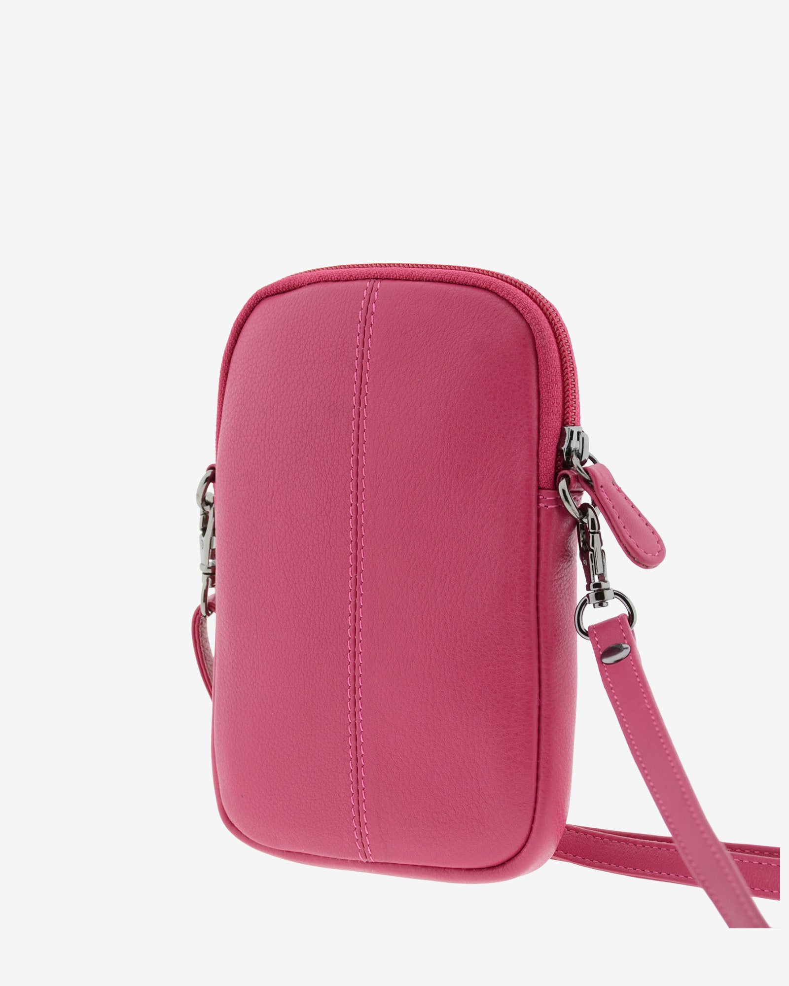 Bolso pequeño porta móvil de piel Napa en color magenta, vista trasera, referencia 8073-25