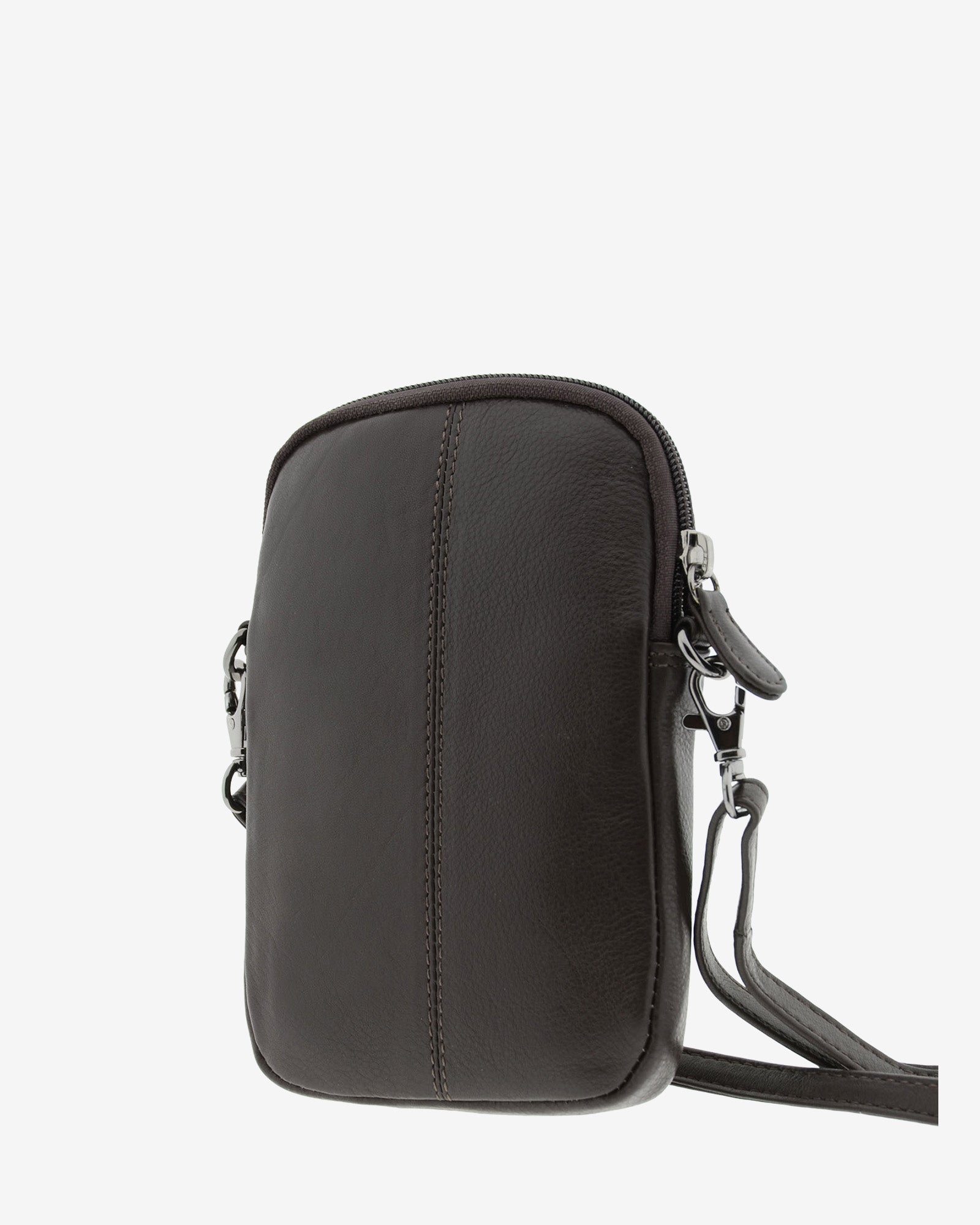 Bolso pequeño porta móvil de piel Napa en color marrón, vista trasera, referencia 8073-2