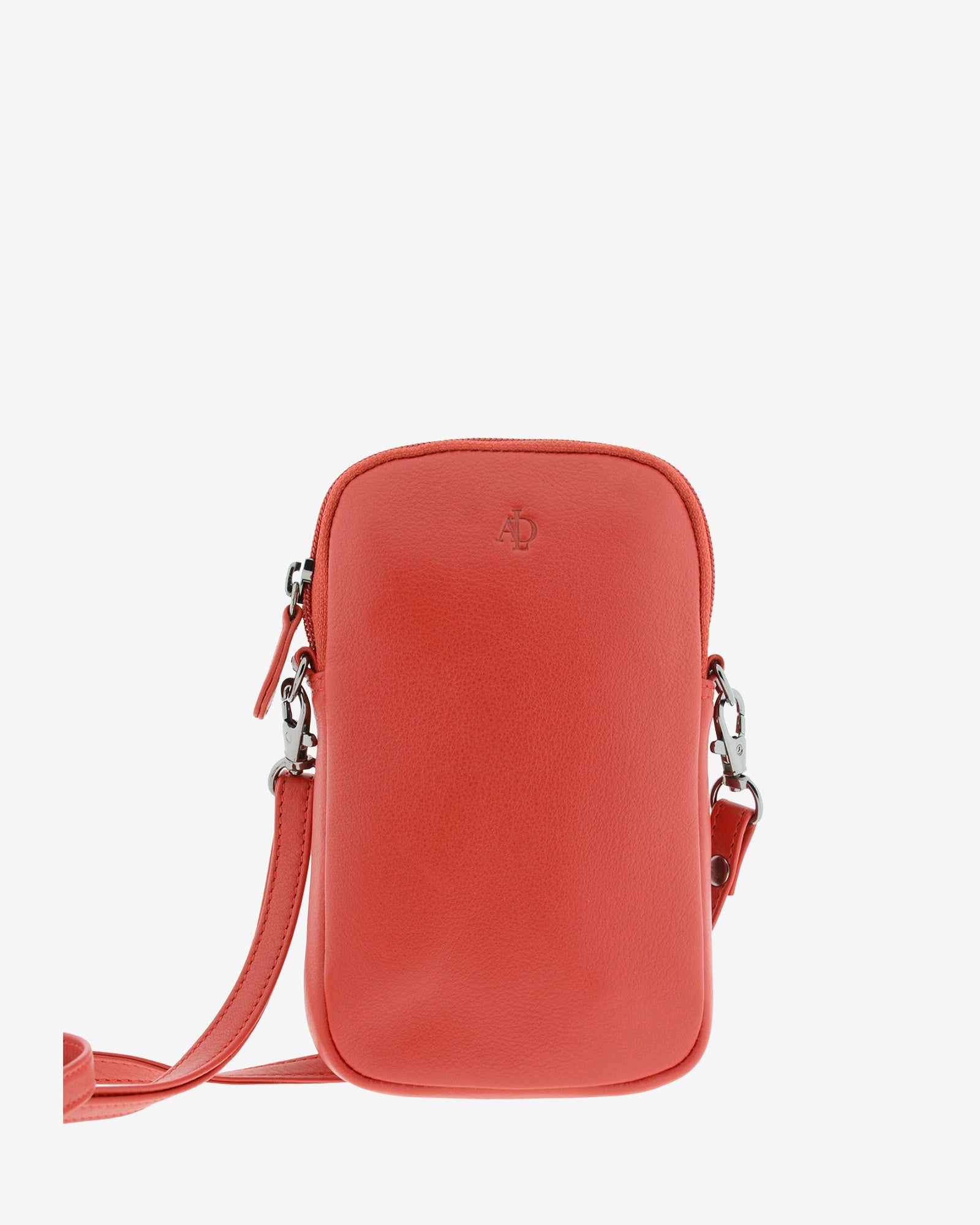 Bolso pequeño porta móvil de piel Napa en color rojo, detalle de la piel y acabados, referencia 8073-3