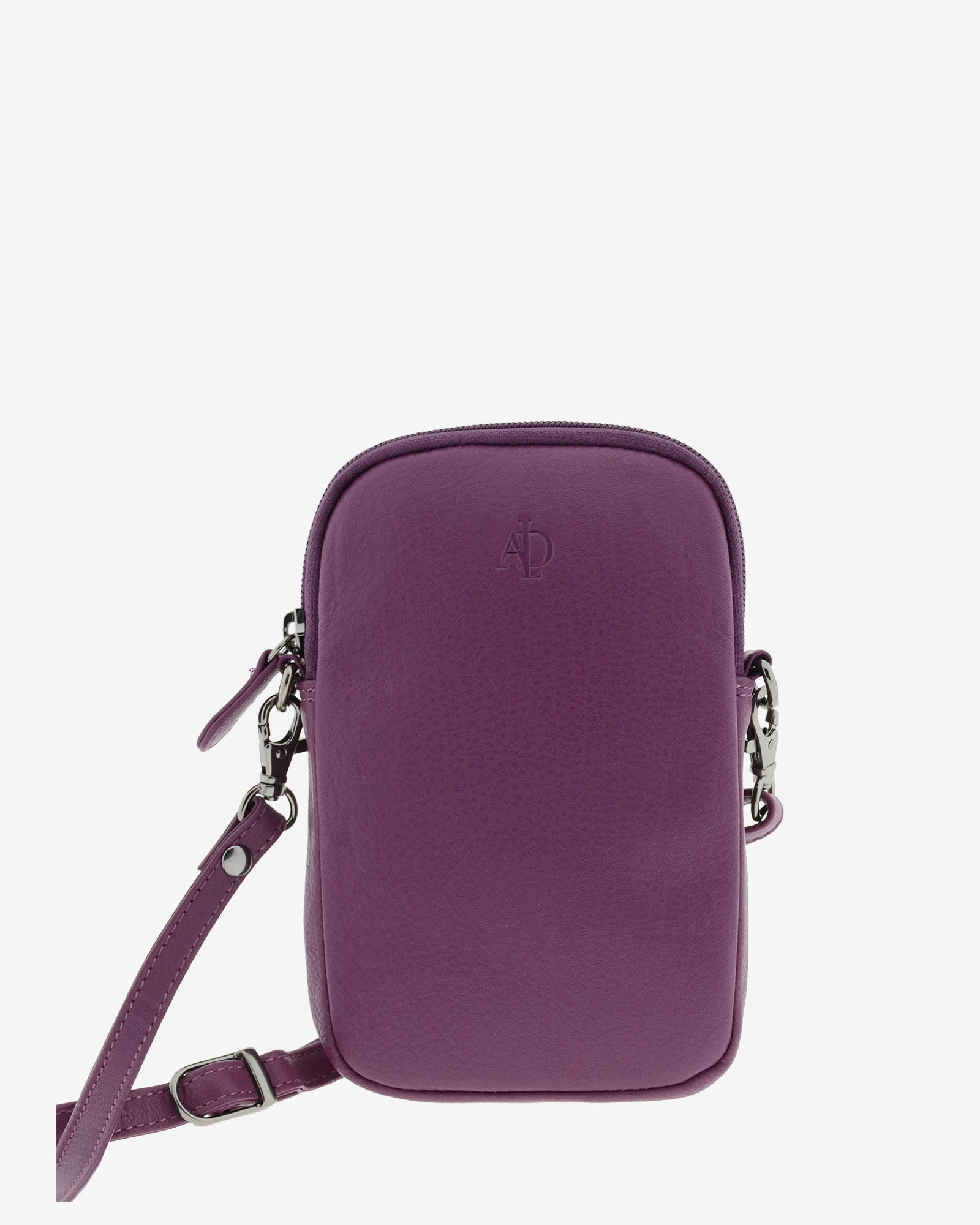 Bolso pequeño porta móvil de piel Napa en color lila, vista frontal mostrando diseño, cremallera principal y bandolera, referencia 8073-4