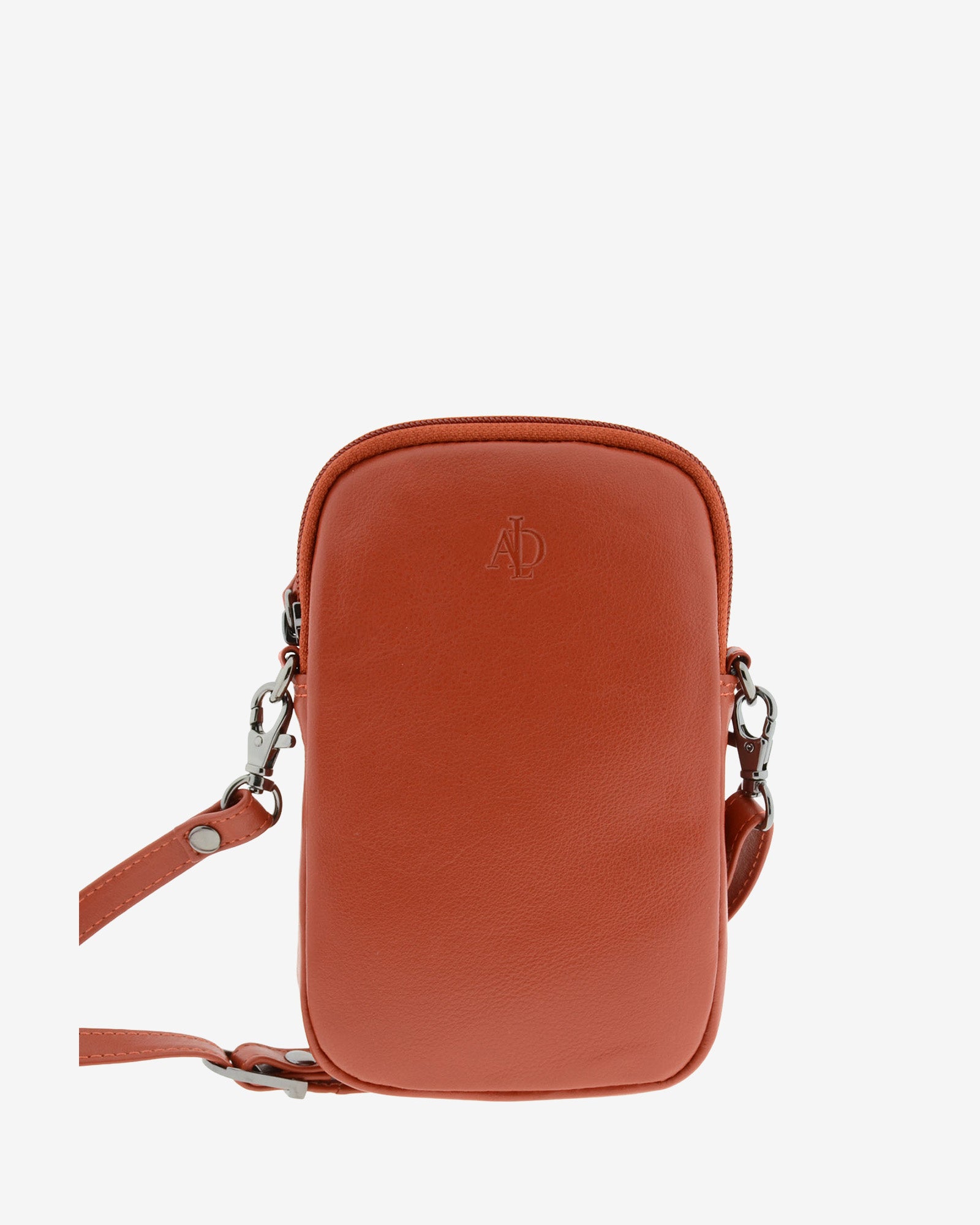 Bolso pequeño porta móvil de piel Napa en color teja, vista frontal mostrando diseño, cremallera principal y bandolera, referencia 8073-9