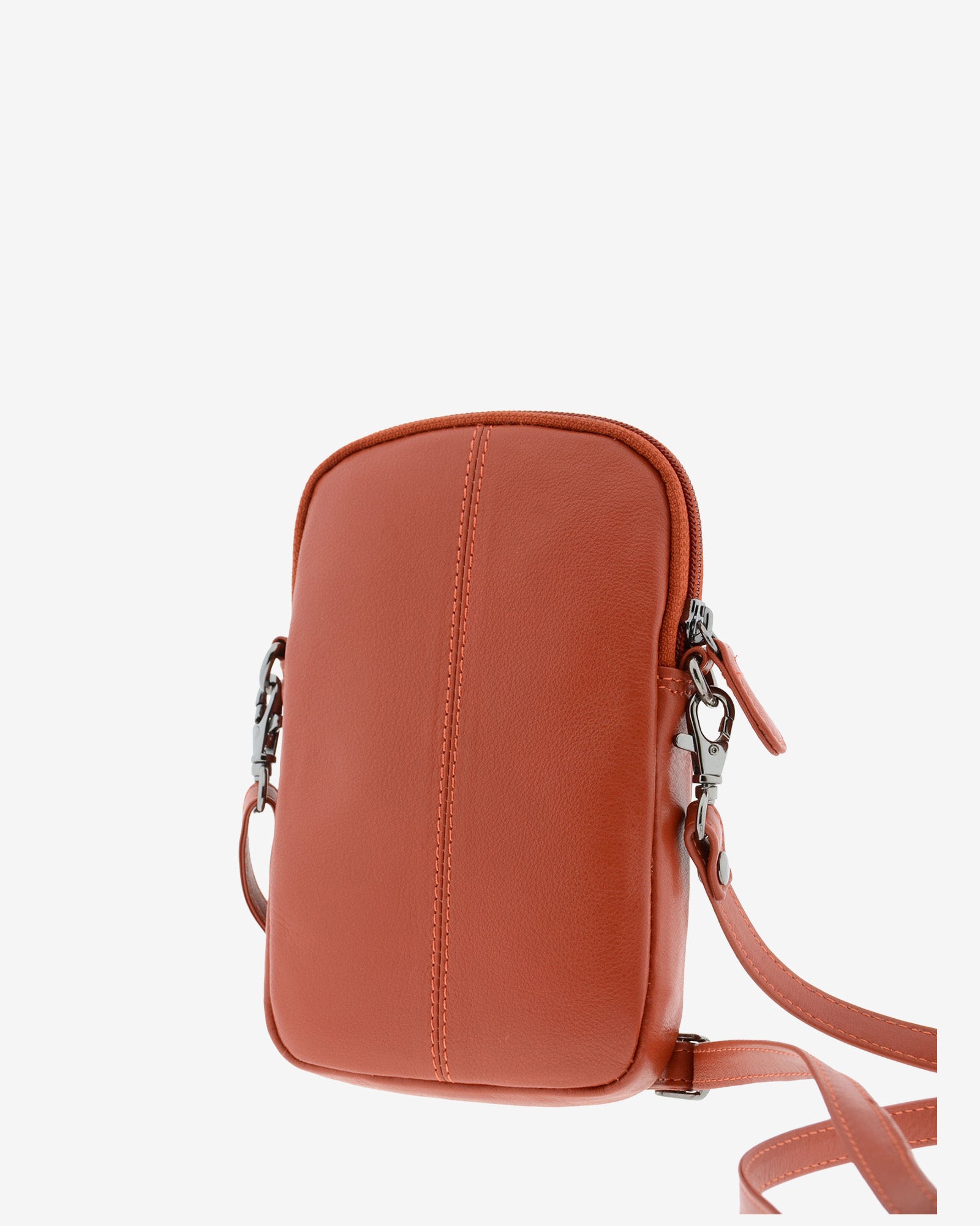 Bolso pequeño porta móvil de piel Napa en color teja, vista trasera, referencia 8073-9