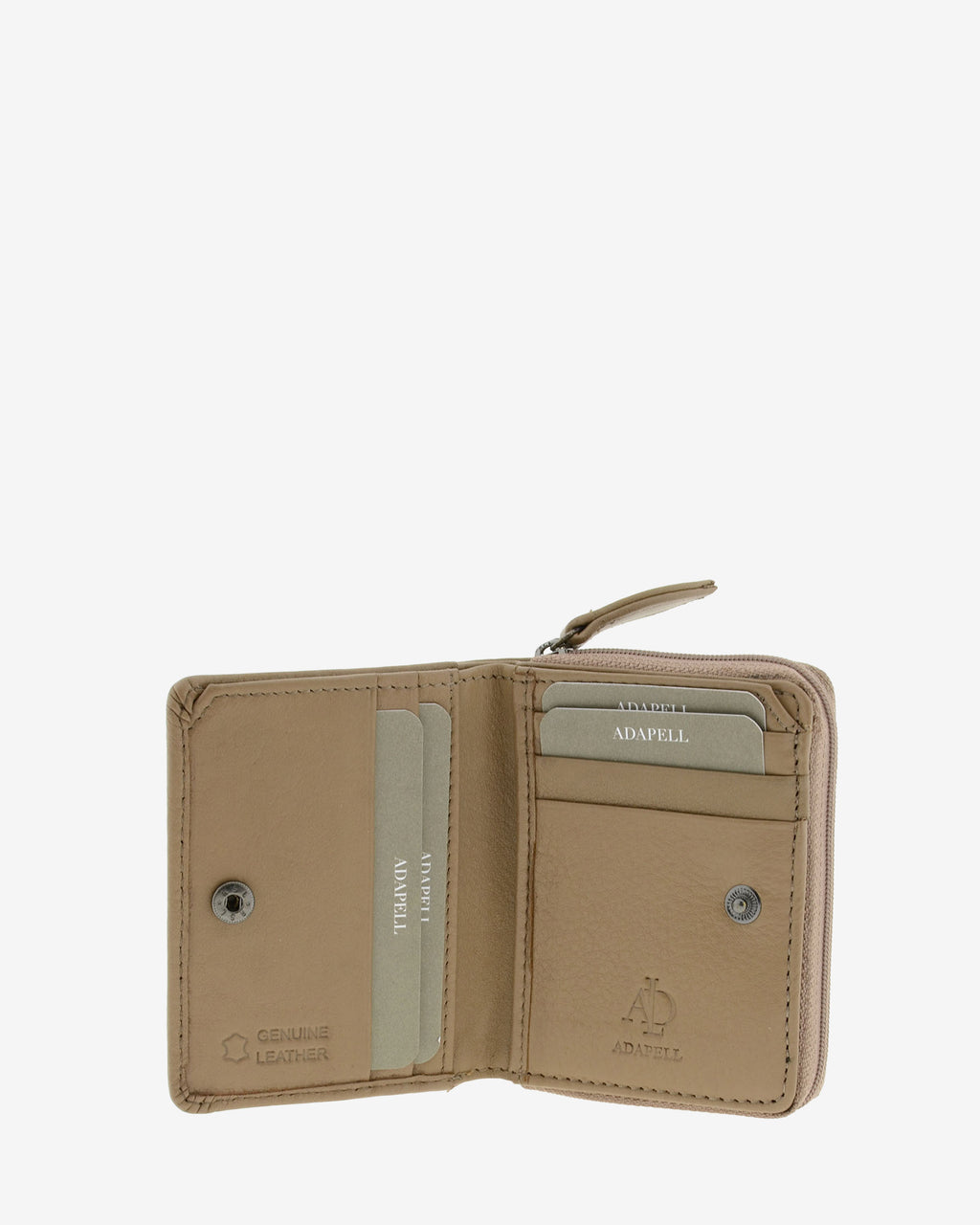 Cartera de piel Napa, pequeña y compacta de color topo, vista interior mostrando compartimentos interiores y cierre de botón, referencia 8074-12