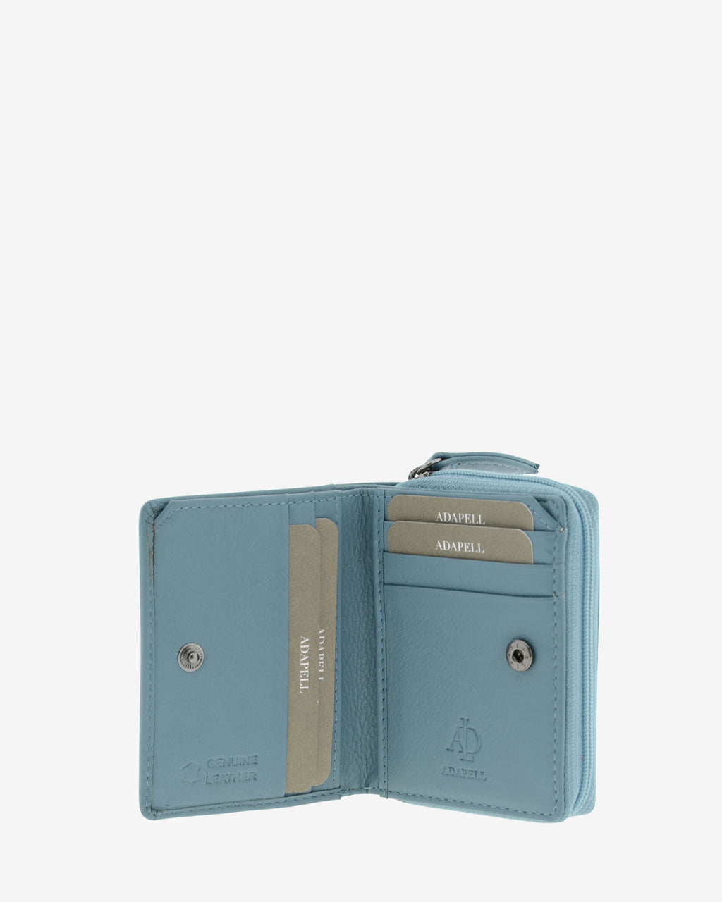Cartera de piel Napa, pequeña y compacta de color mar, vista interior mostrando compartimentos interiores y cierre de botón, referencia 8074-16