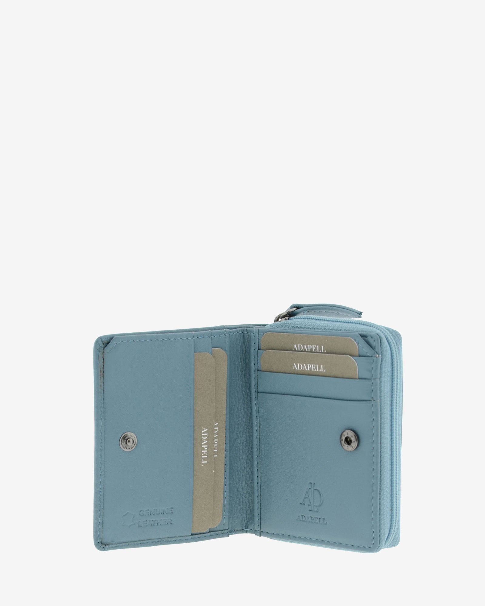 Cartera de piel Napa, pequeña y compacta de color mar, vista interior mostrando compartimentos interiores y cierre de botón, referencia 8074-16