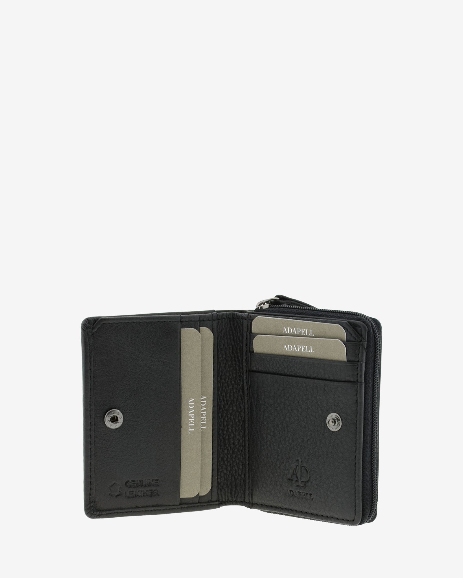 Cartera de piel Napa, pequeña y compacta de color negro, vista interior mostrando compartimentos interiores y cierre de botón, referencia 8074-1
