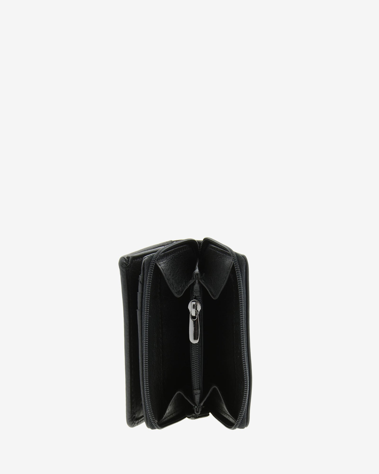 Cartera de piel Napa, pequeña y compacta de color negro, vista interior del portamonedas exterior, referencia 8074-1