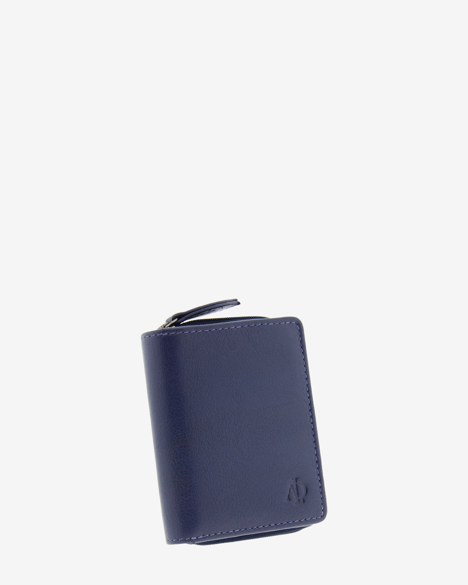 Cartera pequeña compacta de piel Napa de color azul marino, vista frontal exterior, referencia 8074-20