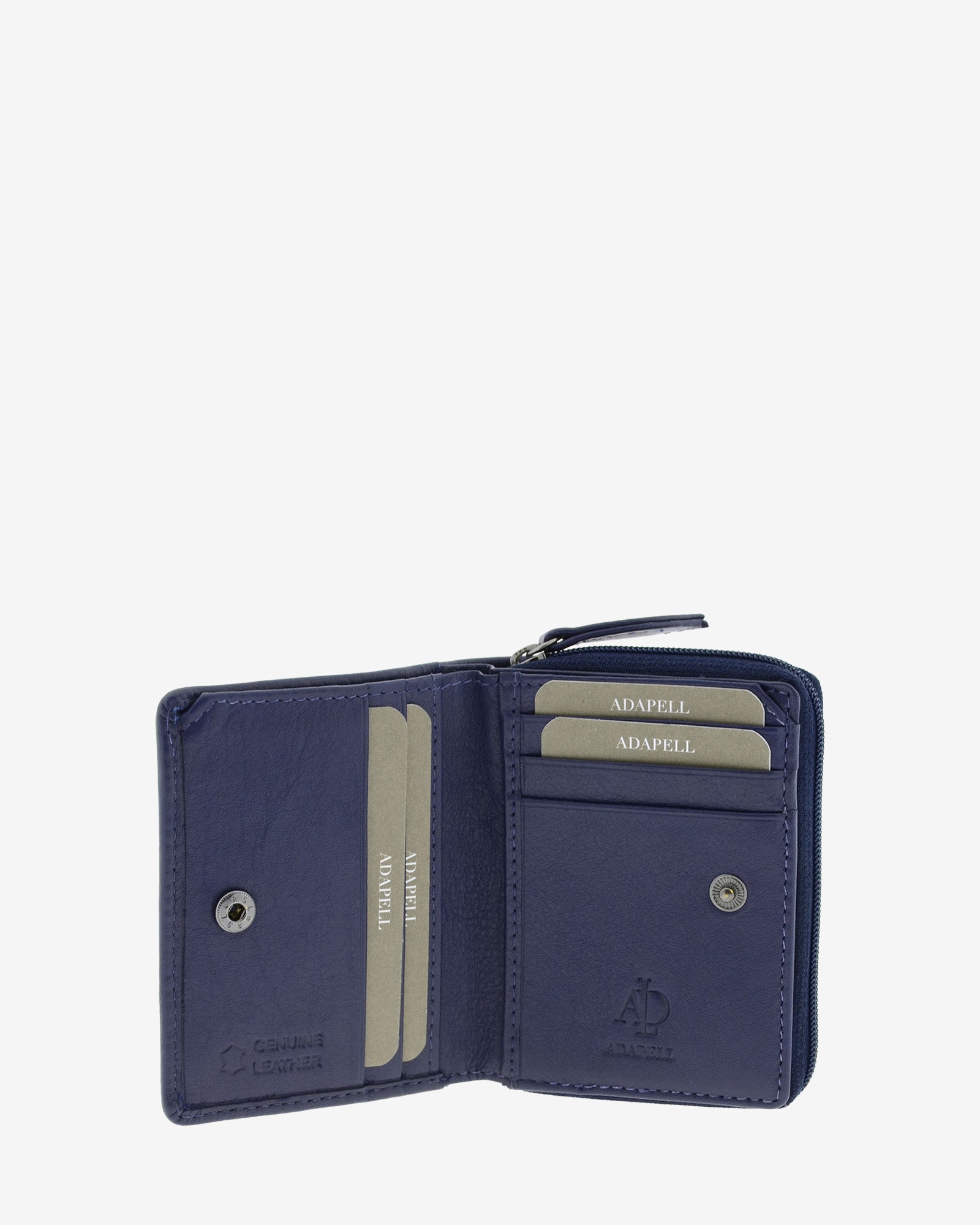 Cartera de piel Napa, pequeña y compacta de color azul marino, vista interior mostrando compartimentos interiores y cierre de botón, referencia 8074-20