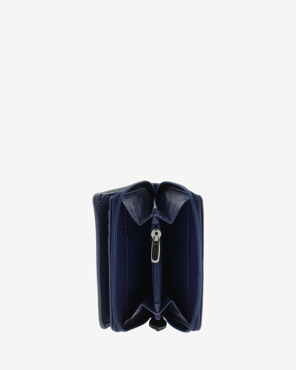 Cartera de piel Napa, pequeña y compacta de color azul marino, vista interior del portamonedas exterior, referencia 8074-20