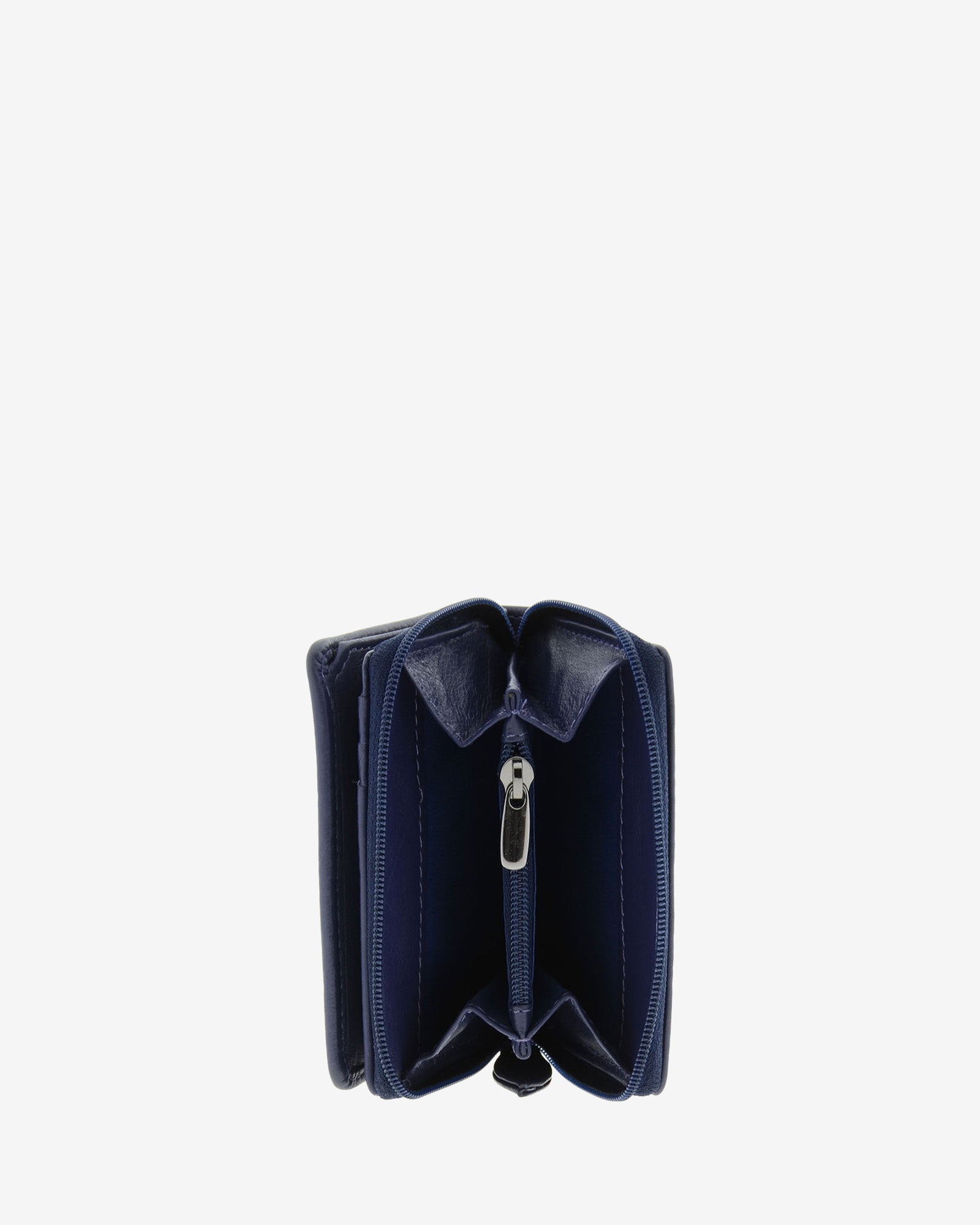 Cartera de piel Napa, pequeña y compacta de color azul marino, vista interior del portamonedas exterior, referencia 8074-20