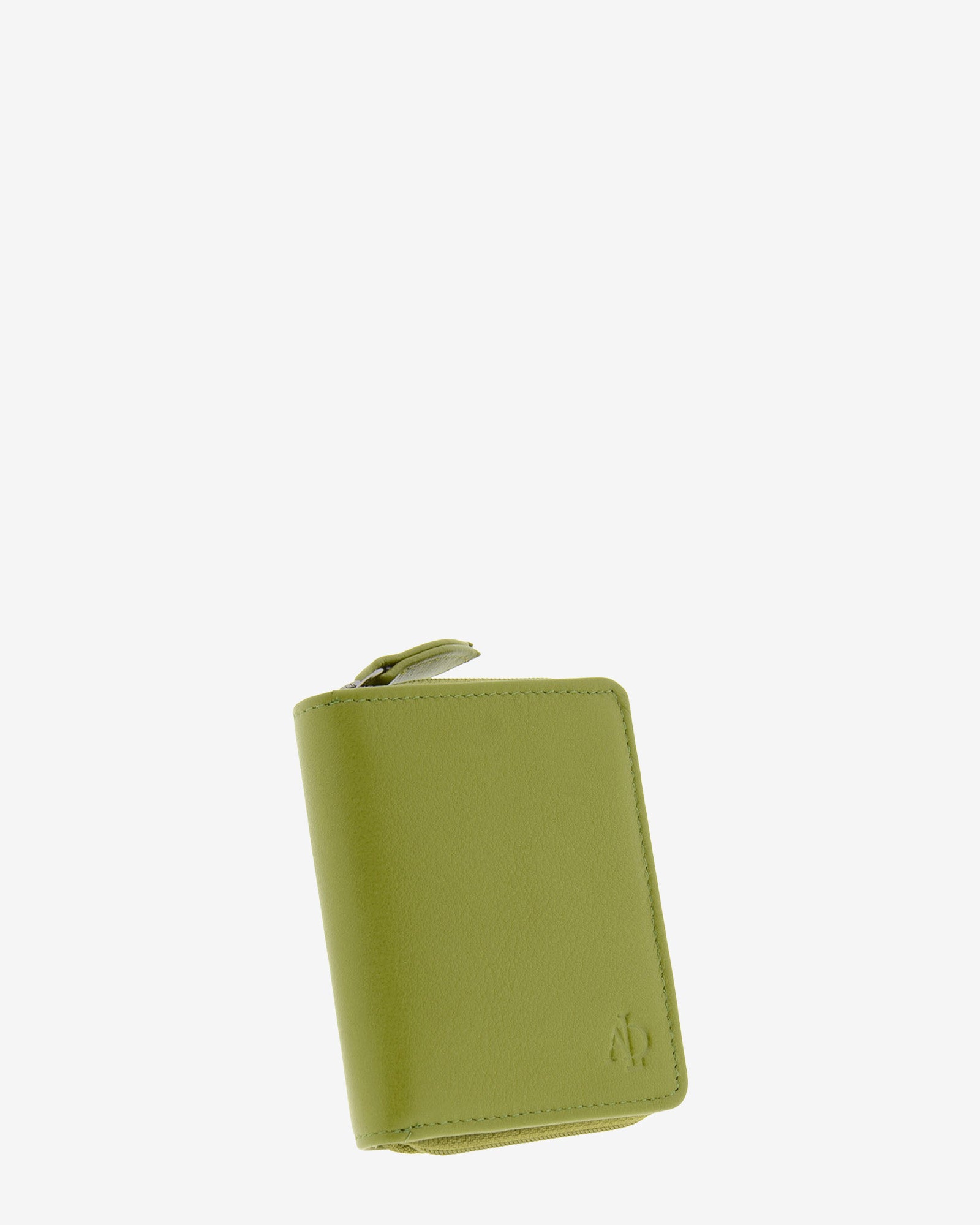Cartera pequeña compacta de piel Napa de color verde claro, vista frontal exterior, referencia 8074-21