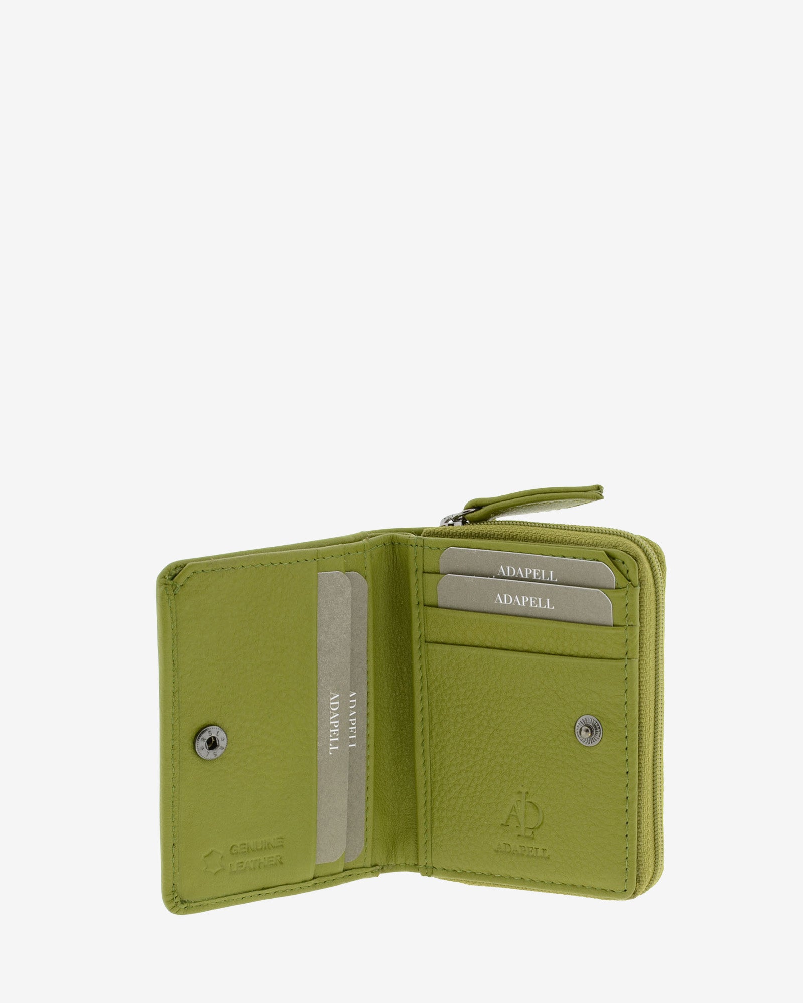 Cartera de piel Napa, pequeña y compacta de color verde claro, vista interior mostrando compartimentos interiores y cierre de botón, referencia 8074-21