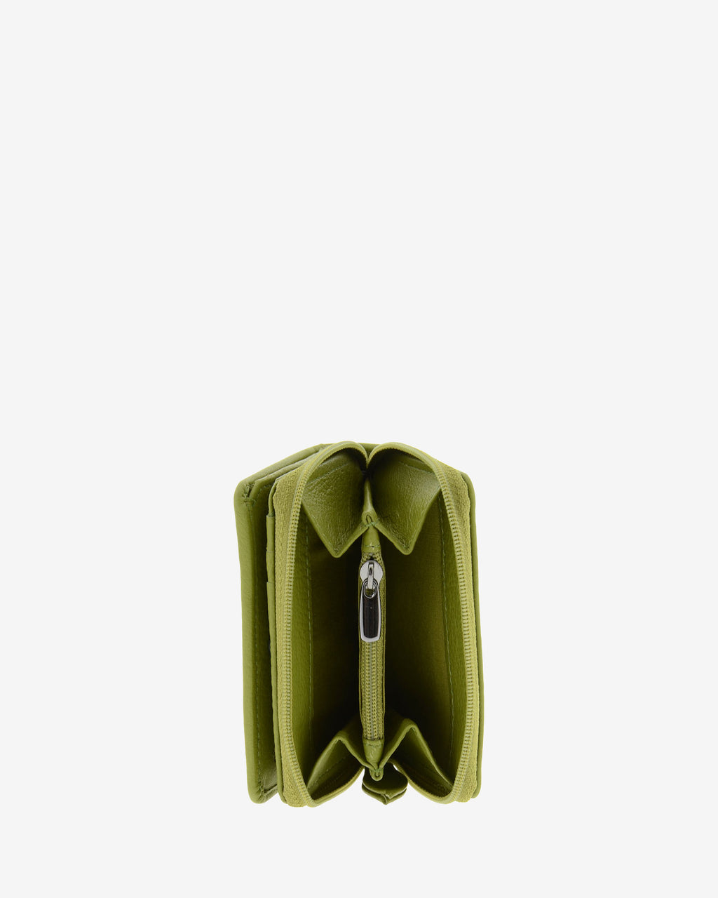 Cartera de piel Napa, pequeña y compacta de color verde claro, vista interior del portamonedas exterior, referencia 8074-21