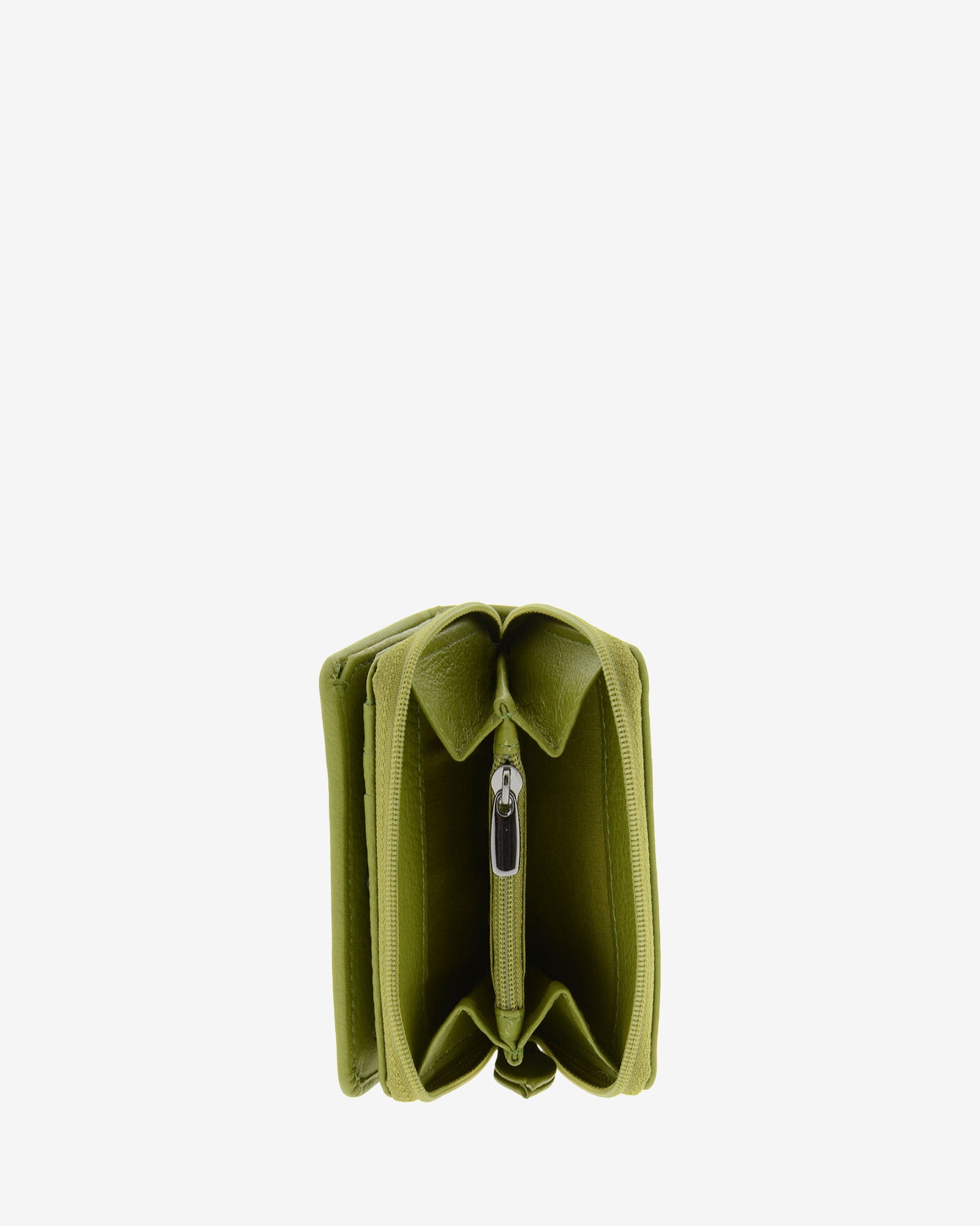 Cartera de piel Napa, pequeña y compacta de color verde claro, vista interior del portamonedas exterior, referencia 8074-21