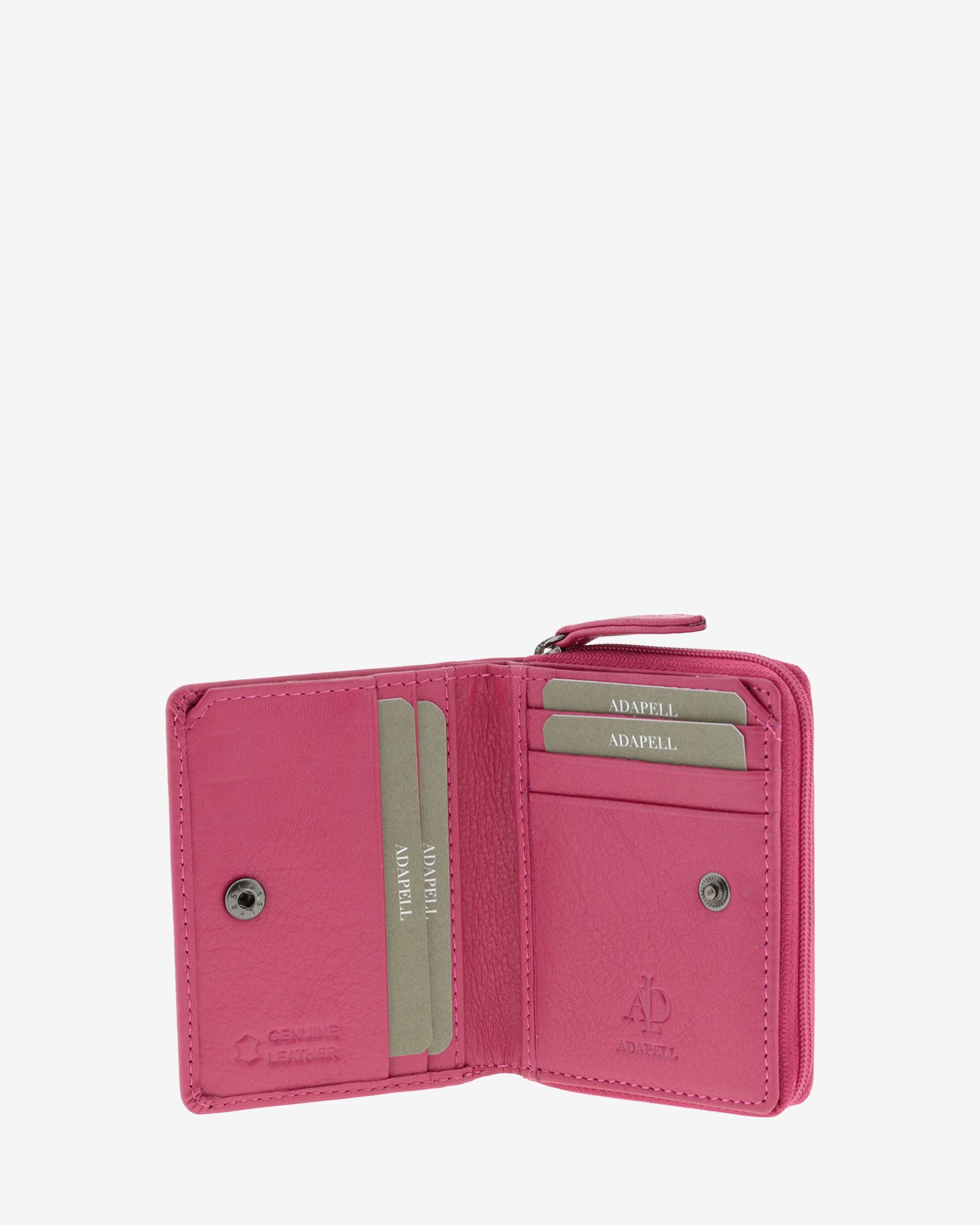 Cartera de piel Napa, pequeña y compacta de color magenta, vista interior mostrando compartimentos interiores y cierre de botón, referencia 8074-25