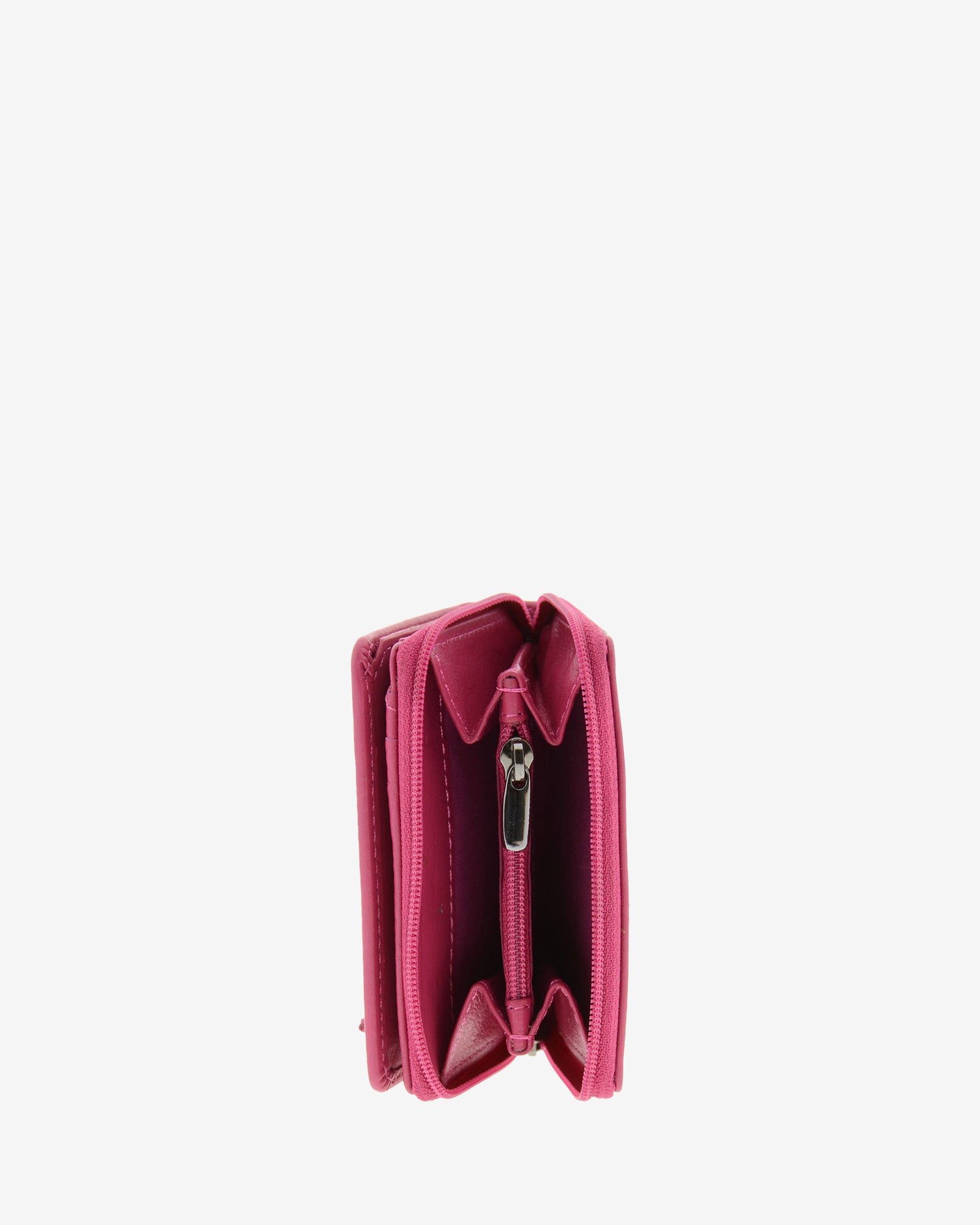Cartera de piel Napa, pequeña y compacta de color magenta, vista interior del portamonedas exterior, referencia 8074-25