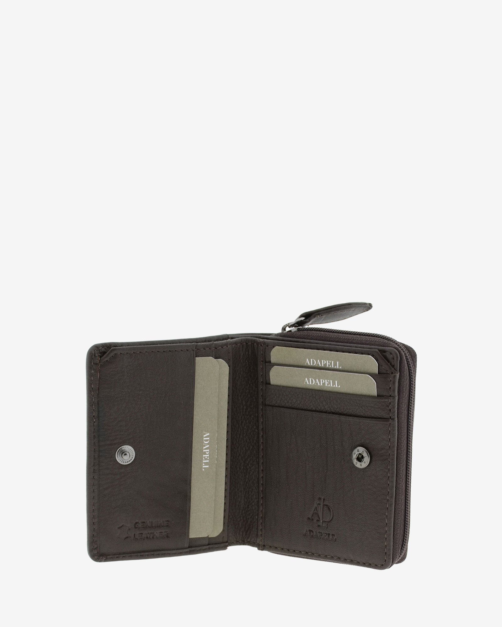 Cartera de piel Napa, pequeña y compacta de color marrón, vista interior mostrando compartimentos interiores y cierre de botón, referencia 8074-2