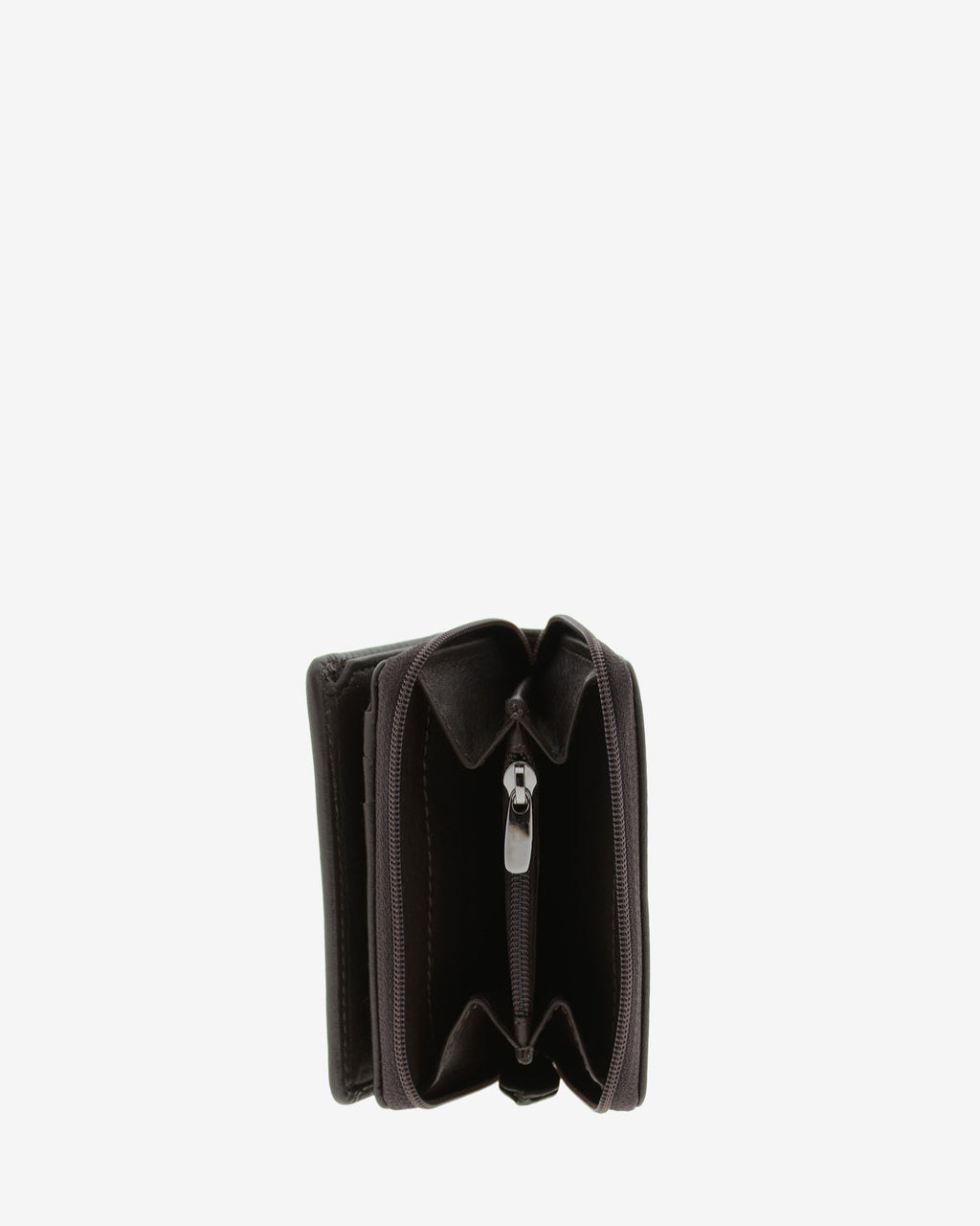 Cartera de piel Napa, pequeña y compacta de color marrón, vista interior del portamonedas exterior, referencia 8074-2