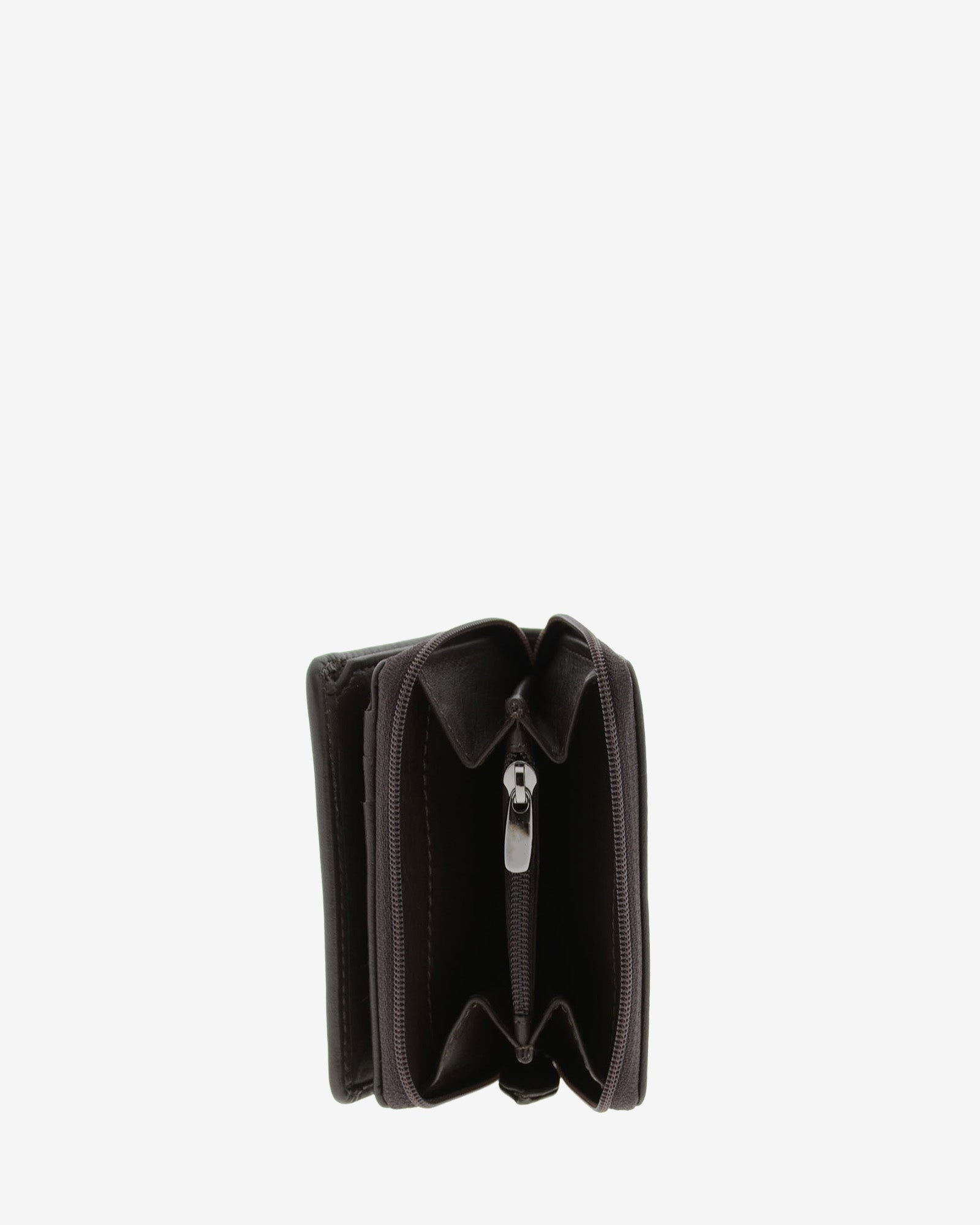 Cartera de piel Napa, pequeña y compacta de color marrón, vista interior del portamonedas exterior, referencia 8074-2