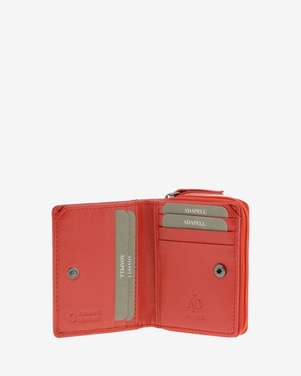 Cartera de piel Napa, pequeña y compacta de color rojo, vista interior mostrando compartimentos interiores y cierre de botón, referencia 8074-3