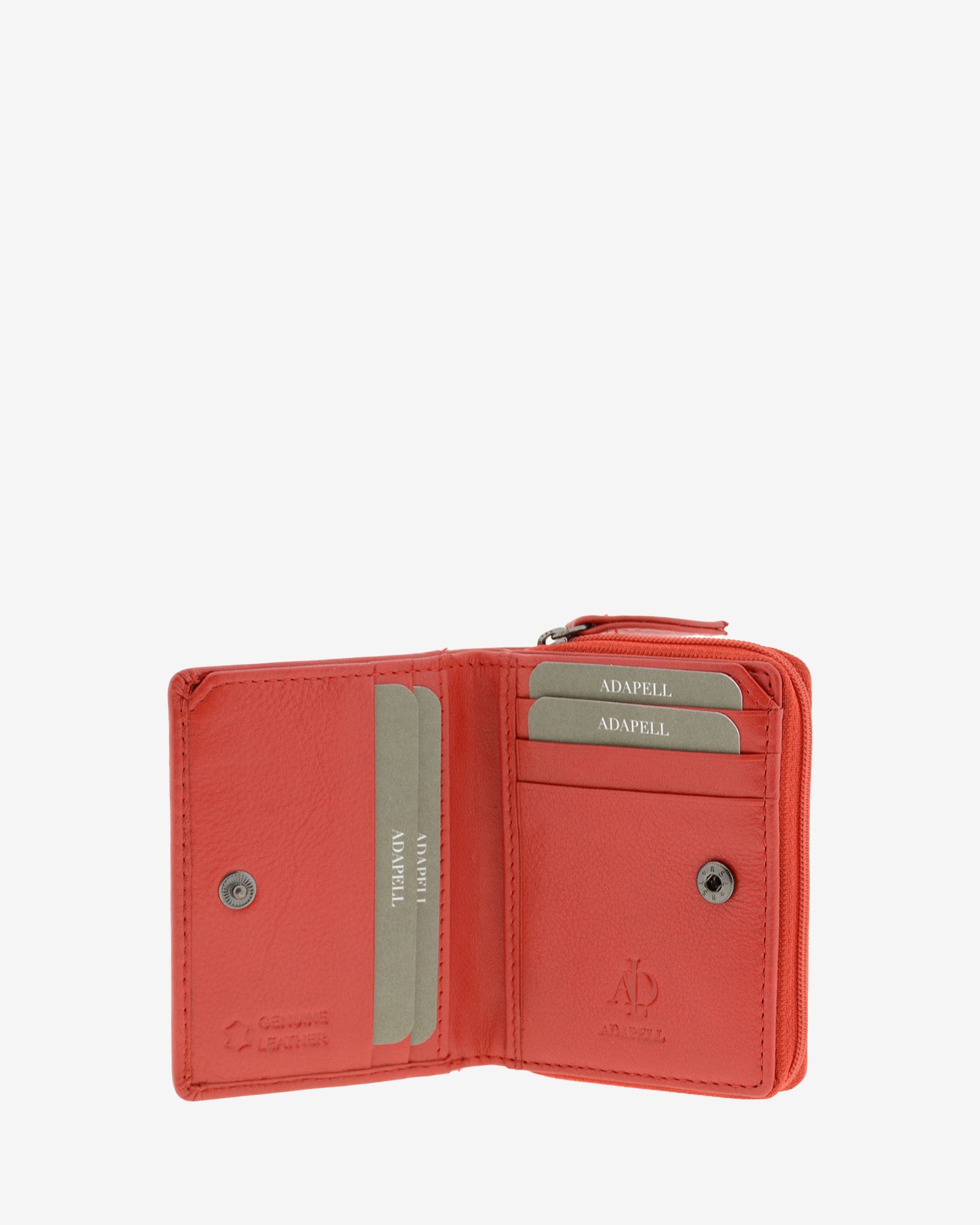 Cartera de piel Napa, pequeña y compacta de color rojo, vista interior mostrando compartimentos interiores y cierre de botón, referencia 8074-3