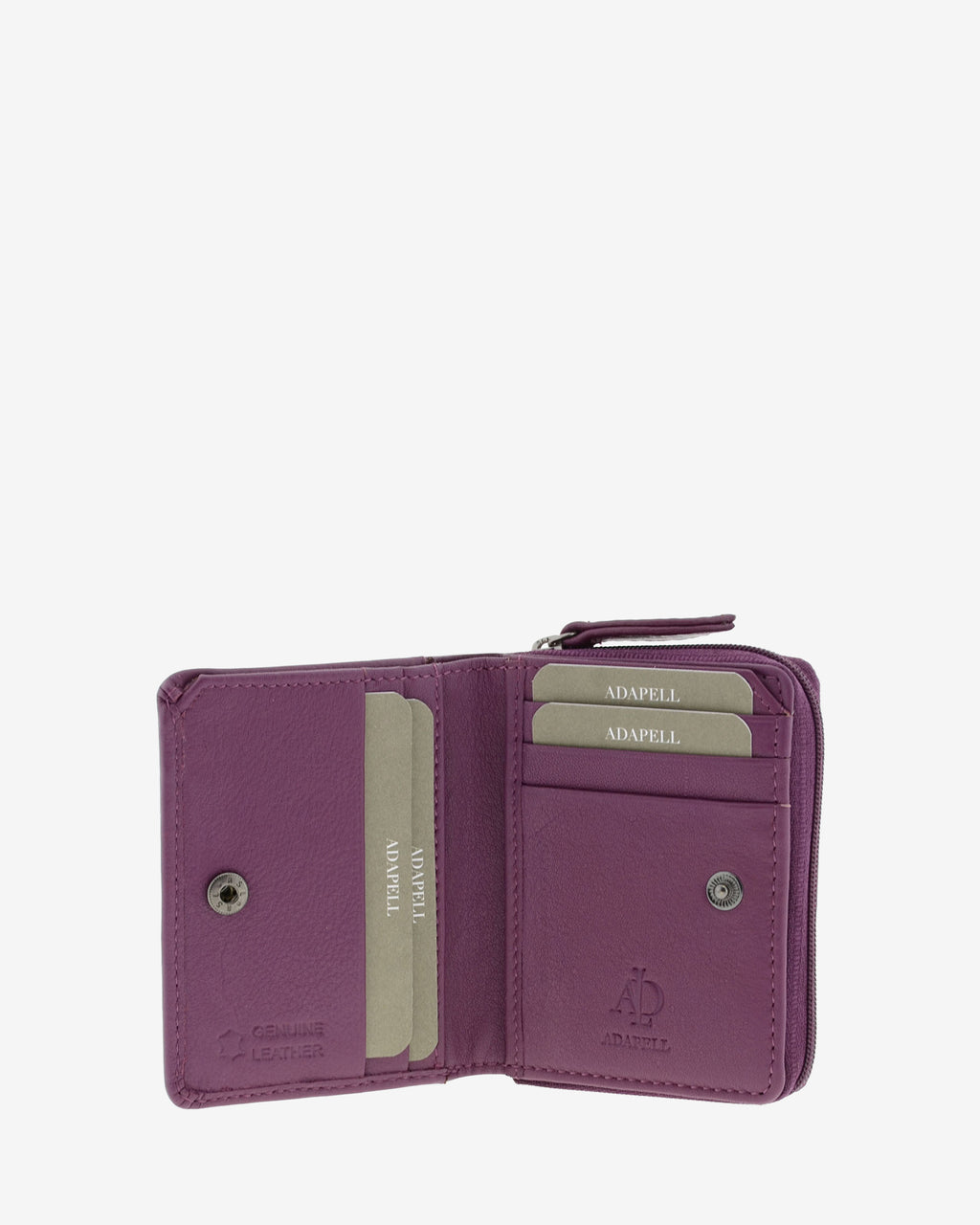 Cartera de piel Napa, pequeña y compacta de color lila, vista interior mostrando compartimentos interiores y cierre de botón, referencia 8074-4