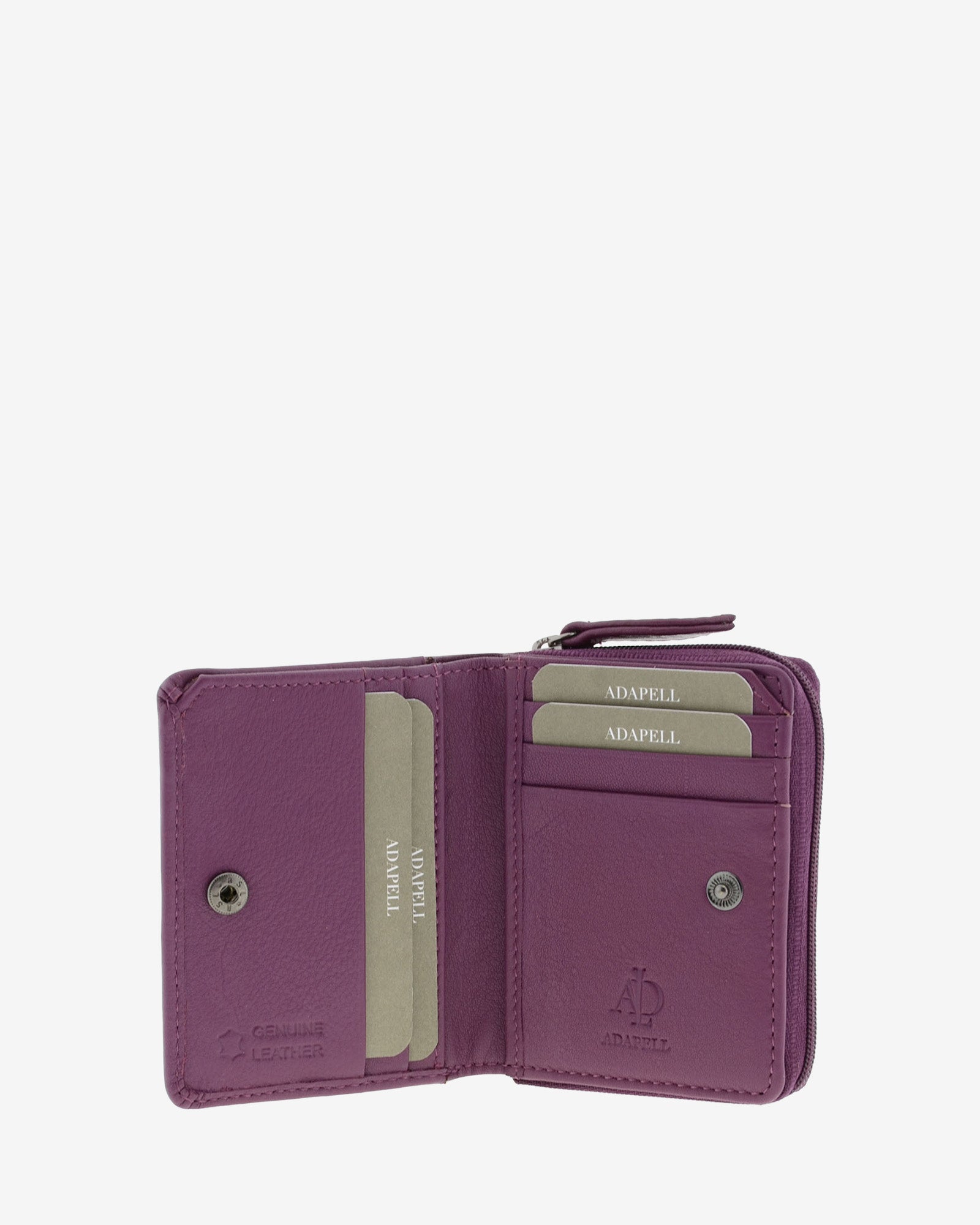 Cartera de piel Napa, pequeña y compacta de color lila, vista interior mostrando compartimentos interiores y cierre de botón, referencia 8074-4