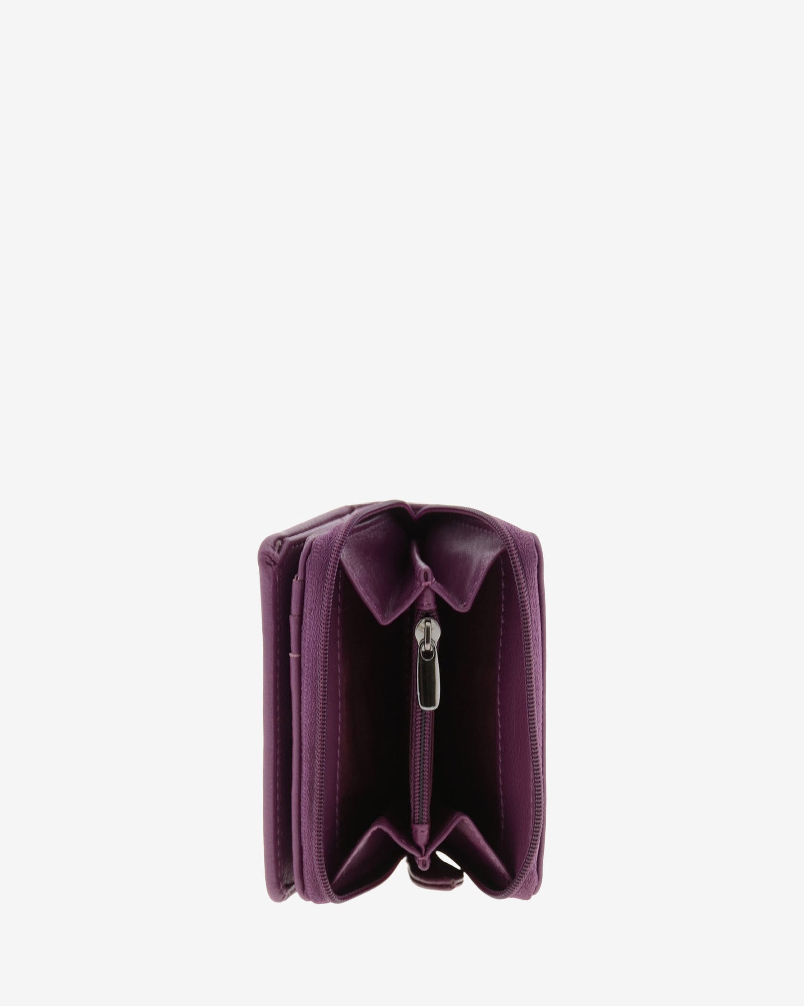 Cartera de piel Napa, pequeña y compacta de color lila, vista interior del portamonedas exterior, referencia 8074-4