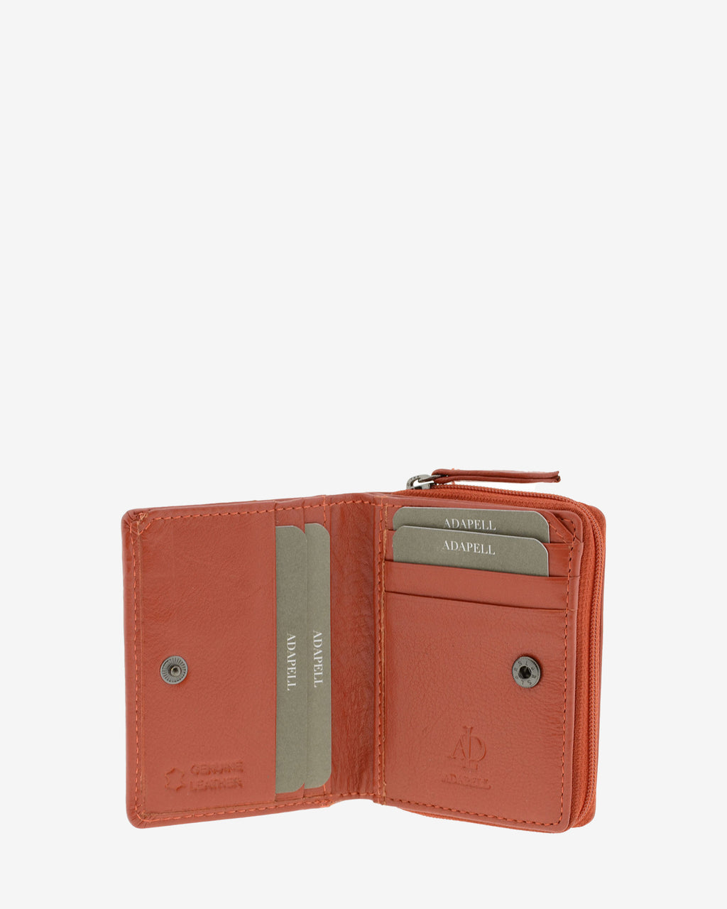 Cartera de piel Napa, pequeña y compacta de color teja, vista interior mostrando compartimentos interiores y cierre de botón, referencia 8074-9