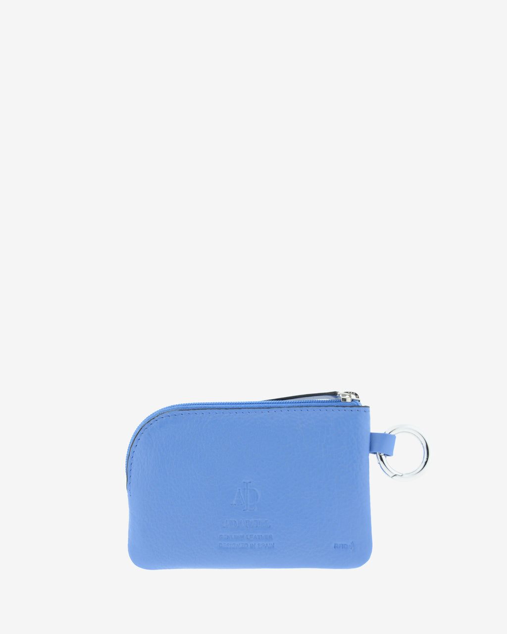 Monedero de piel auténtica ref. 8081-14 en color azul, de medida pequeña y compacta, cierre de cremallera y aro metálico exterior, con protección de tarjetas RFID de la colección Essenza, vista trasera