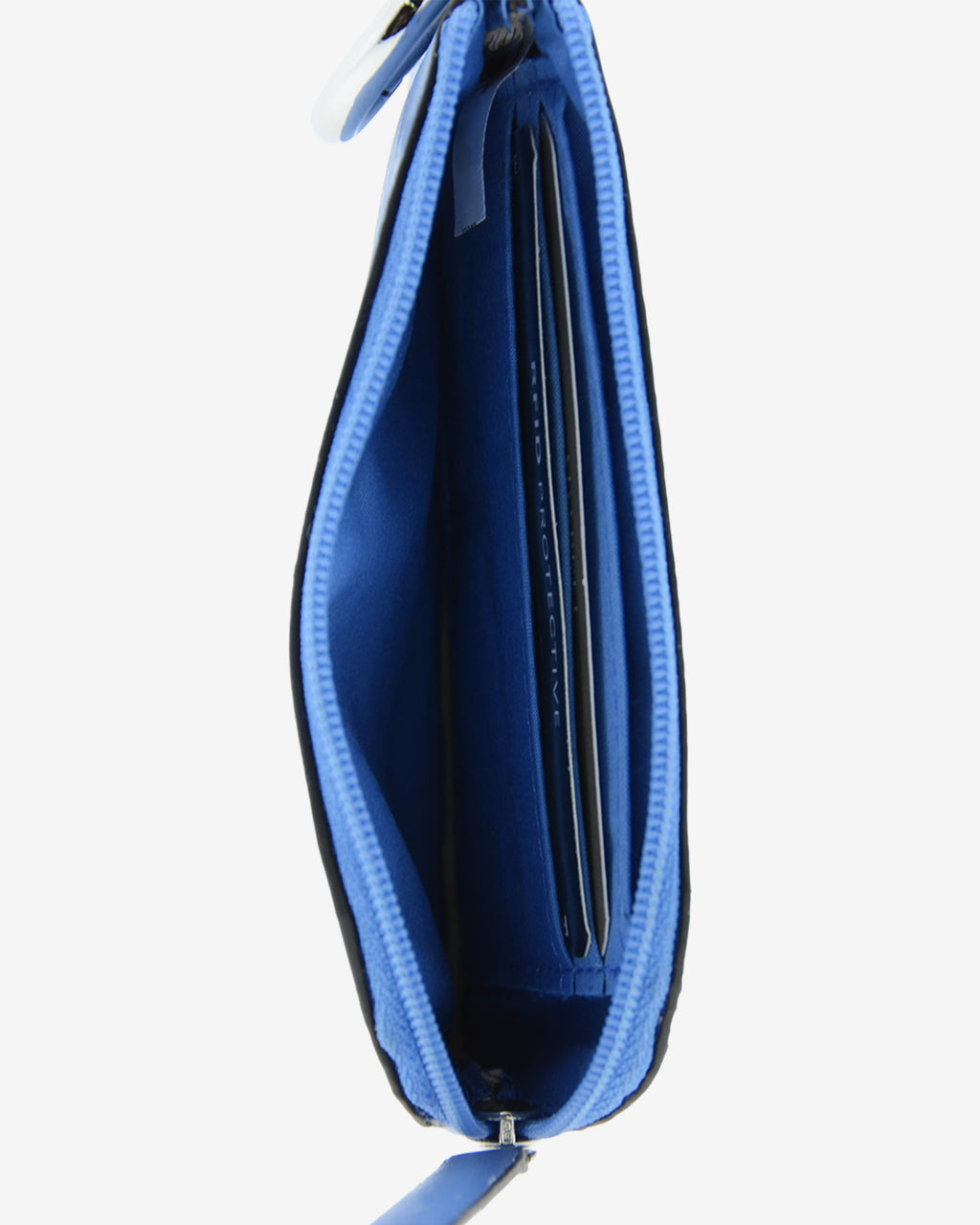 Monedero de piel auténtica ref. 8081-14 en color azul, de medida pequeña y compacta, cierre de cremallera y aro metálico exterior, con protección de tarjetas RFID de la colección Essenza, vista interior